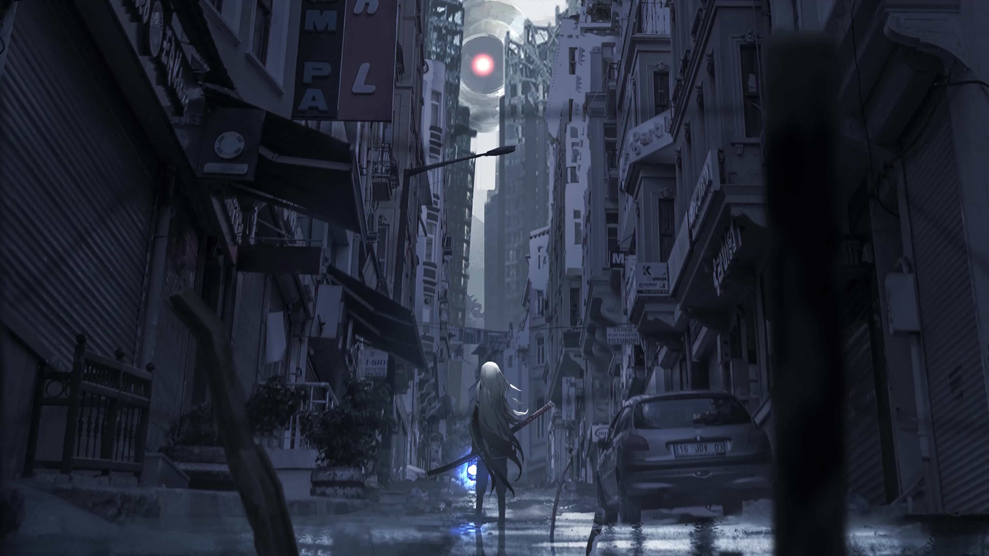 Anime Girl In A Small Alley In The City Live Wallpaper