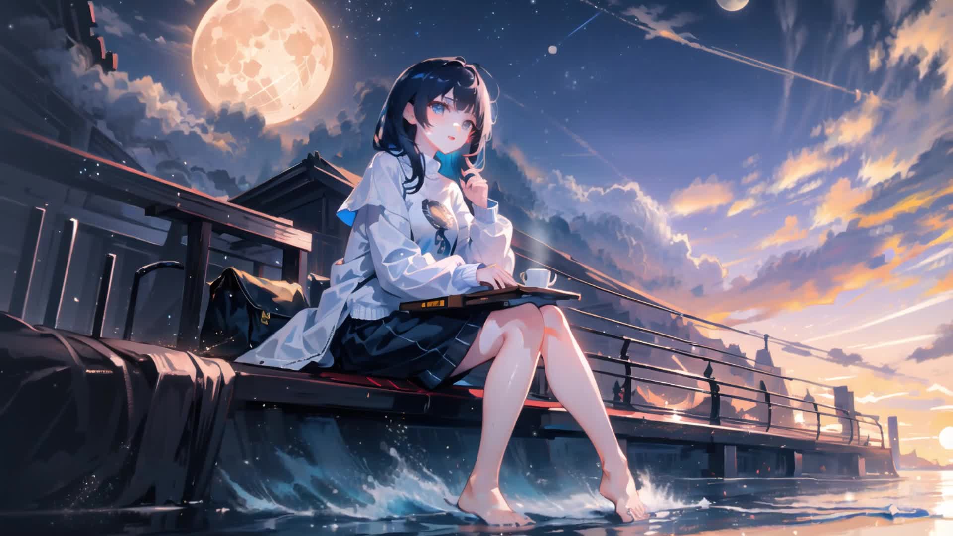 Anime Girl Under Moonlight Live Wallpaper