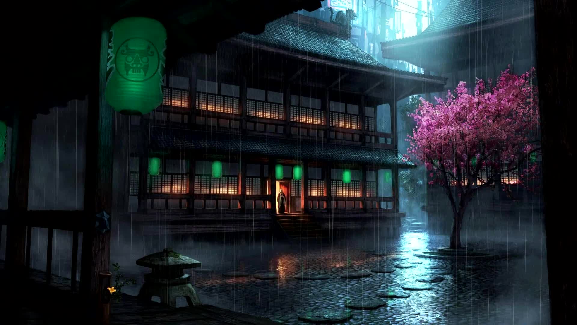 Anime Backyard Rain [Beautiful 60fps Animation] [SAO-Gracefully] Live Wallpaper