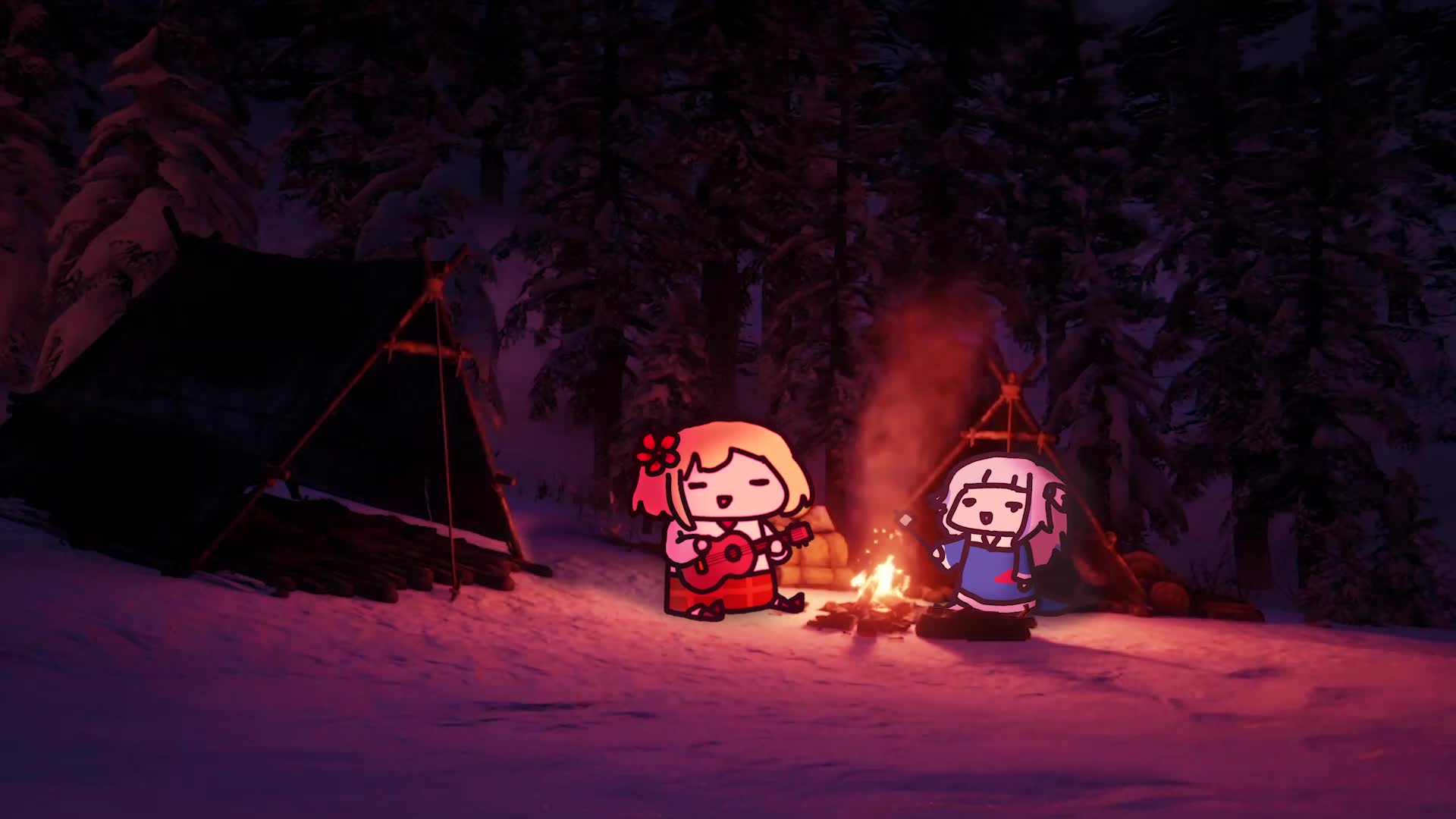 Gawr Gura and Amelia Watson vibing near a campfire live wallpaper - Live Wallpaper