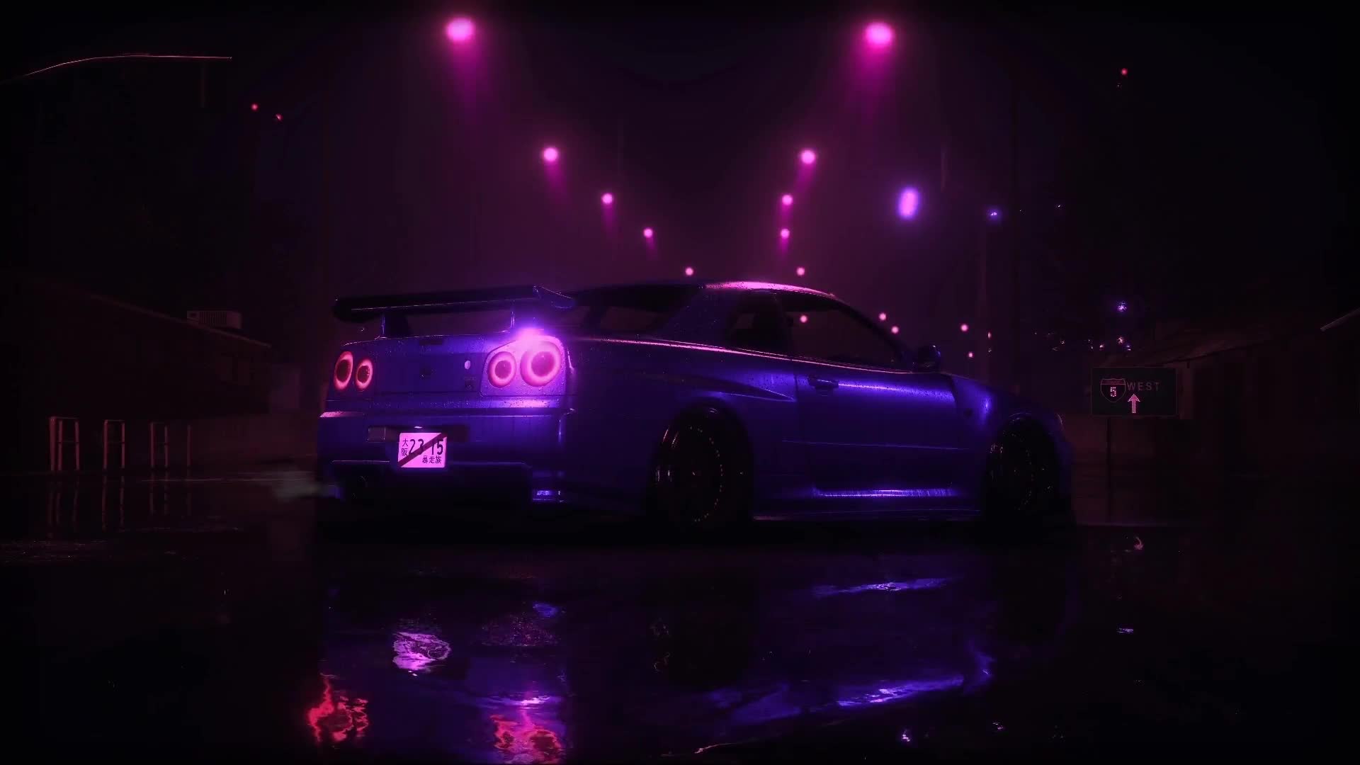 Nissan Skyline GT-R R34, Rain, Night City reflection in a puddle Live Wallpaper