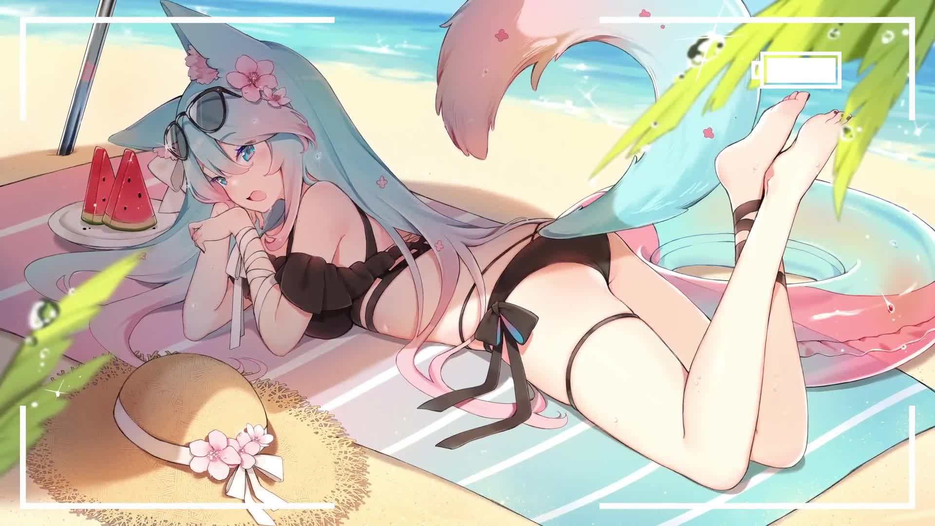 Silvervale Swimsuit VTuber Wolf-Girl with Fangs and Tail Live Wallpaper