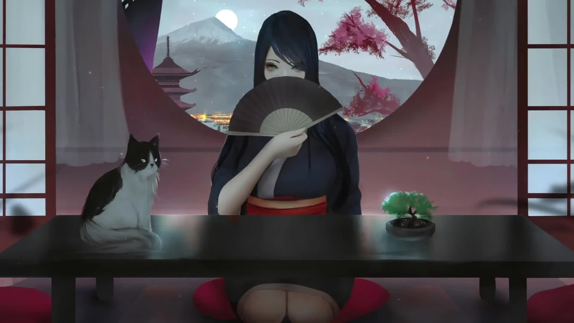 Mysterious Asian Girl Holding Fan and Funny Cat Live Wallpaper