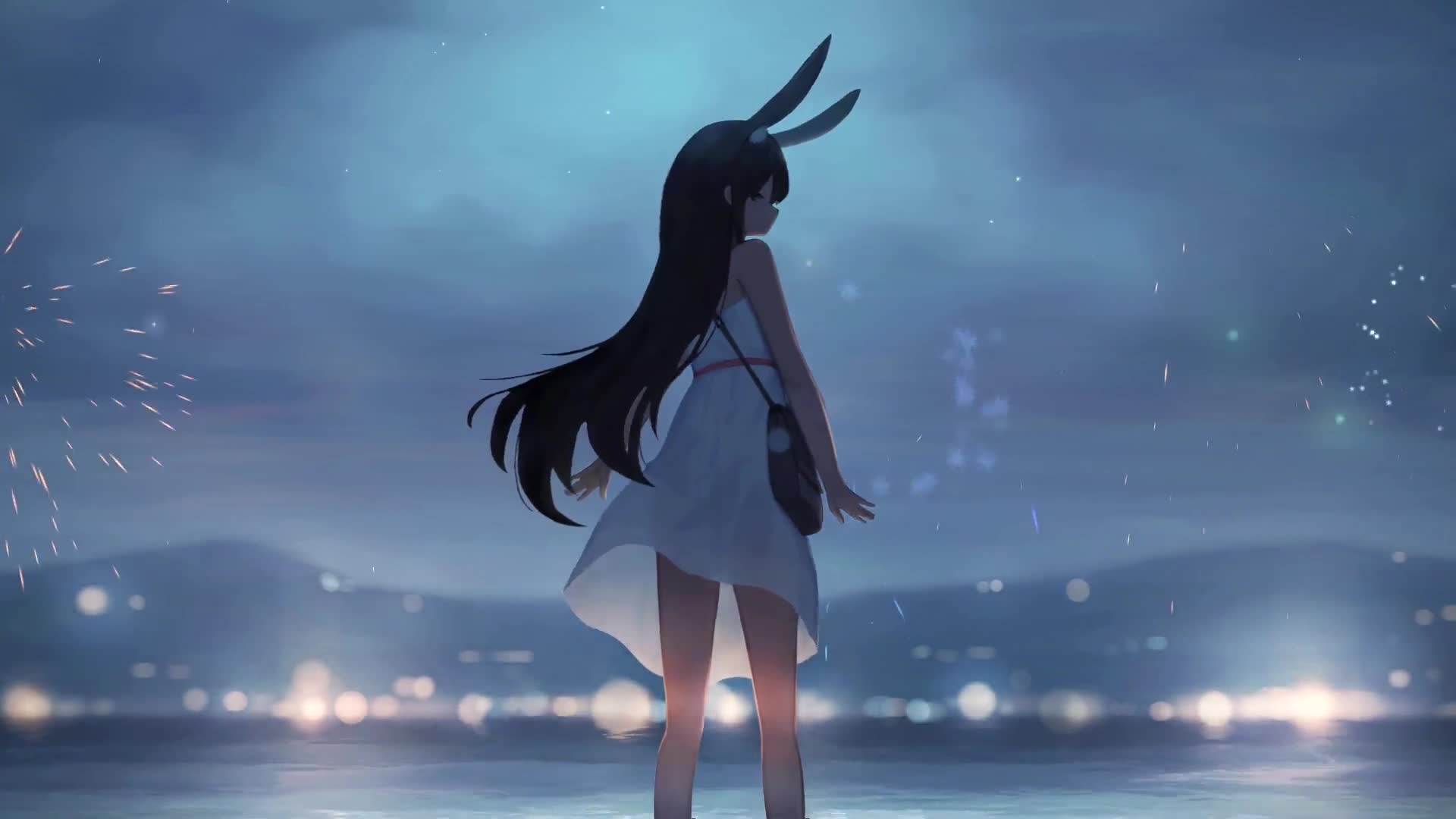 Cute Bunny Girl and Fireworks Live Wallpaper