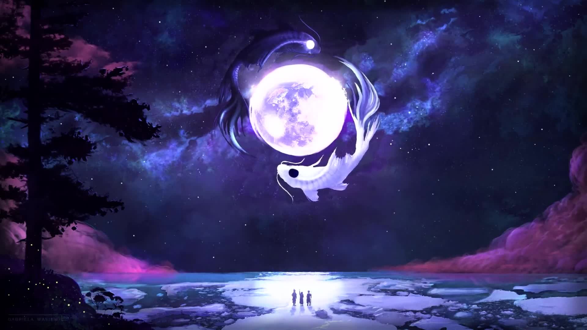 Black White Goldfishes Moon Fantasy World Live Wallpaper