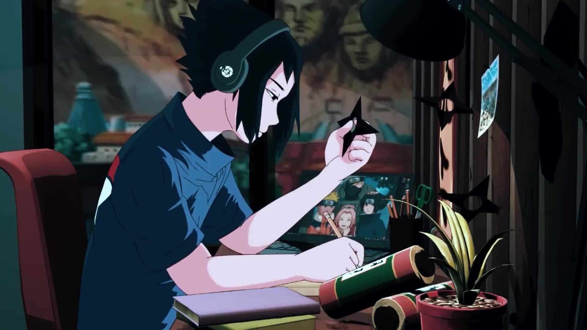 Sasuke Studying with Shuriken in Hand Live Wallpaper