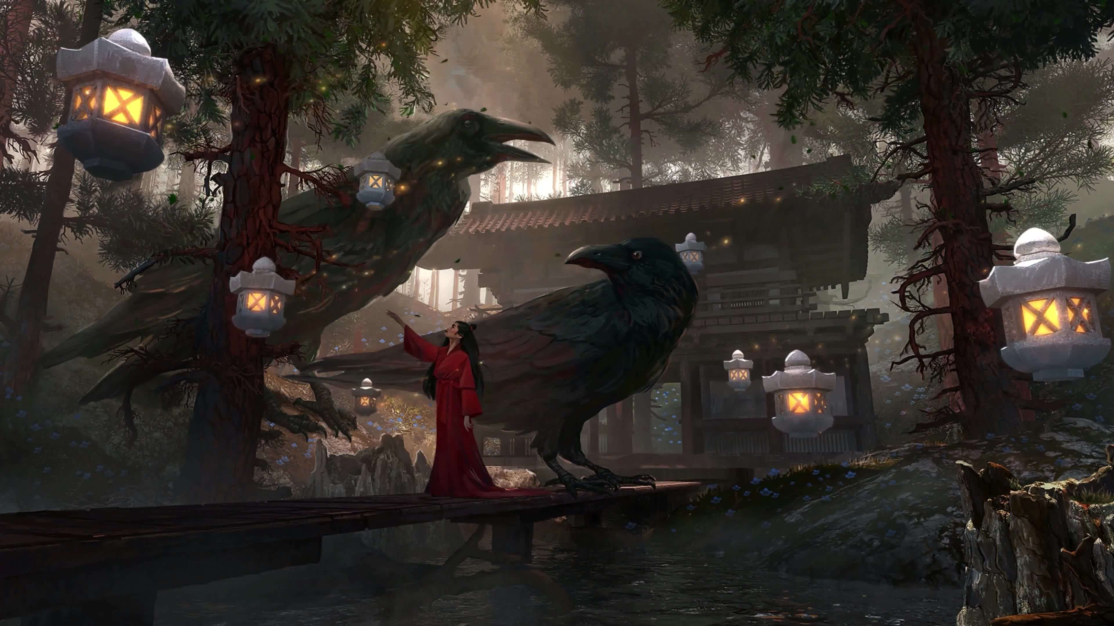 Giant Crow In The Temple Charming Asian Babe in Red Live Wallpaper