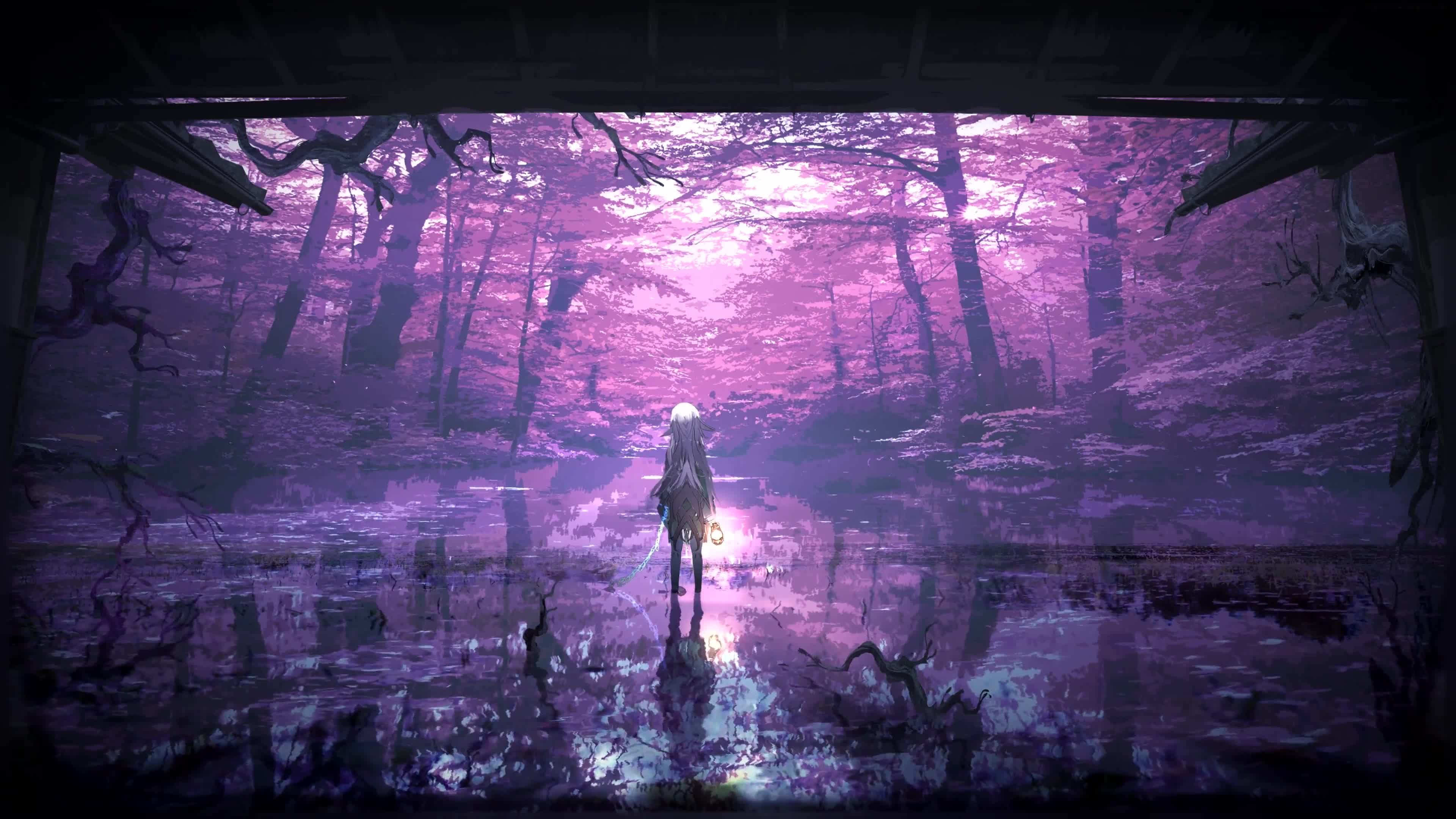 Fantasy Purple Forest Pond and Anime Girl 4K Live Wallpaper