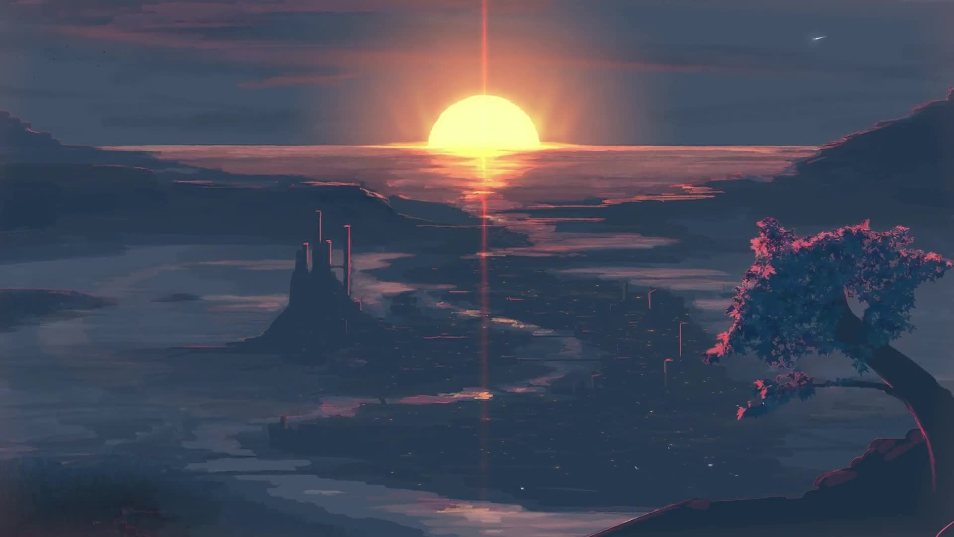 Sunset Horizon Sakura Tree Anime Landscape Live Wallpaper