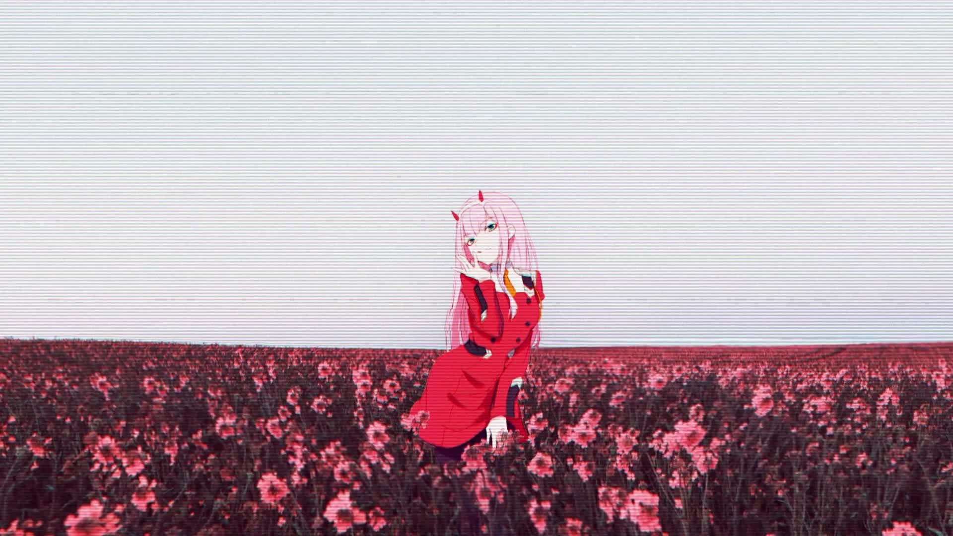 Zero Two Red Dress In A Flower Field, Darling In The Franxx Live Wallpaper