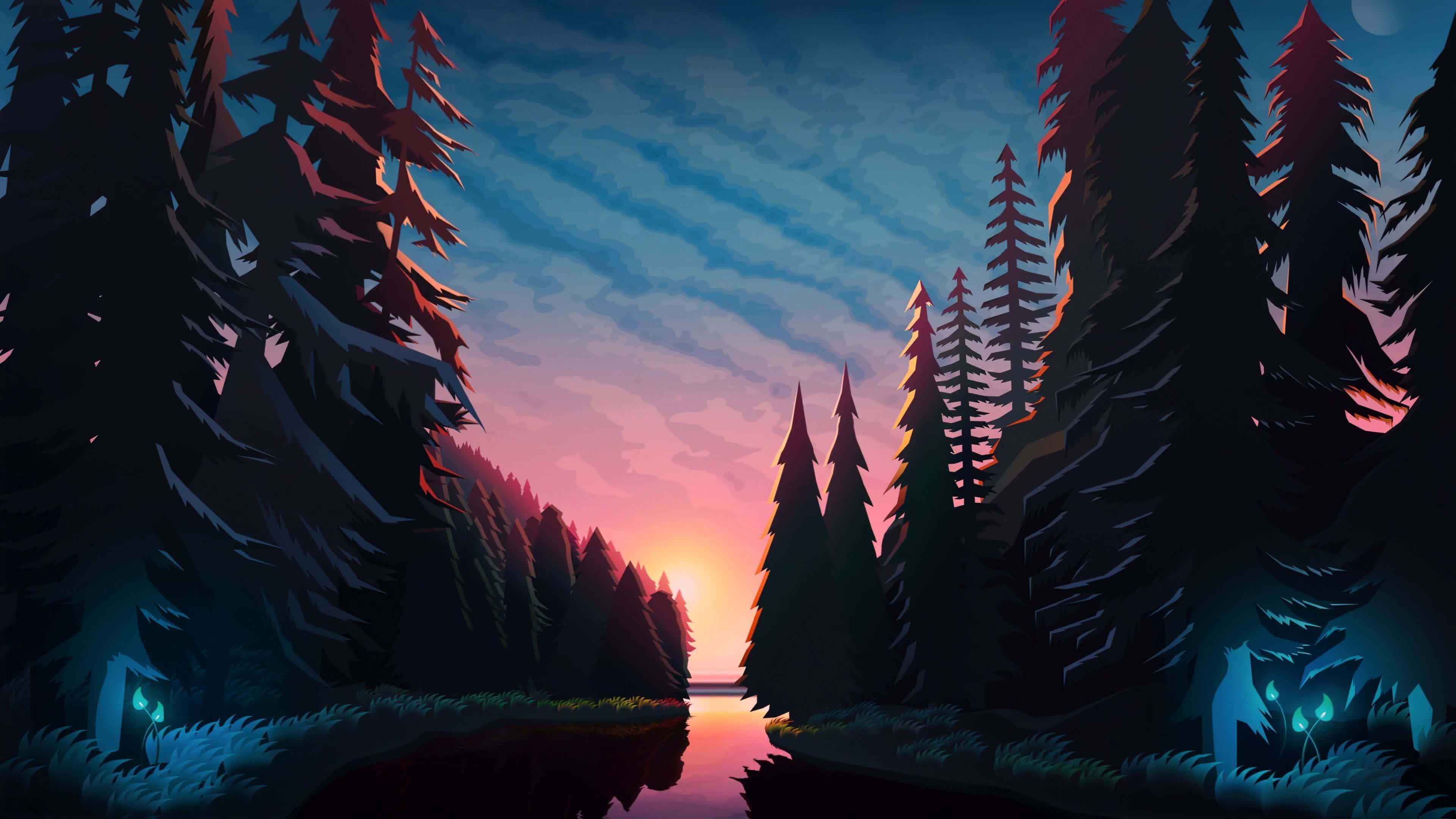 Sundown In The Spruce Forest Artwork 4K Live Wallpaper