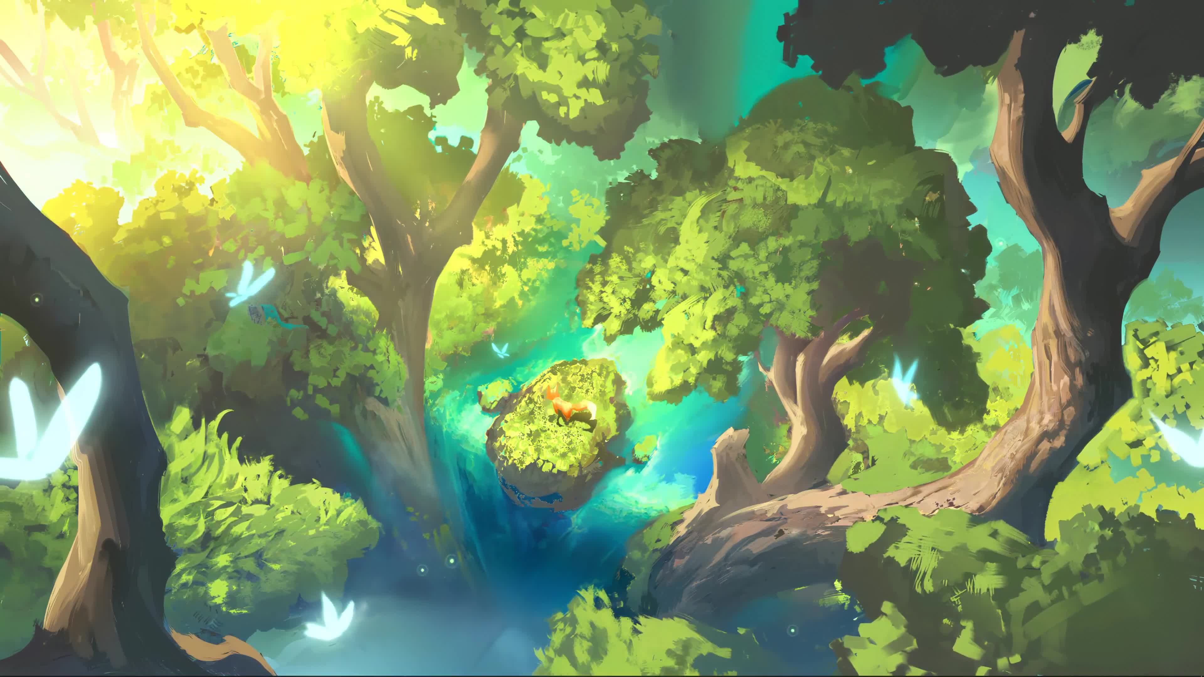 Green Cartoon Forest, Fox and Waterfall 4K Live Wallpaper