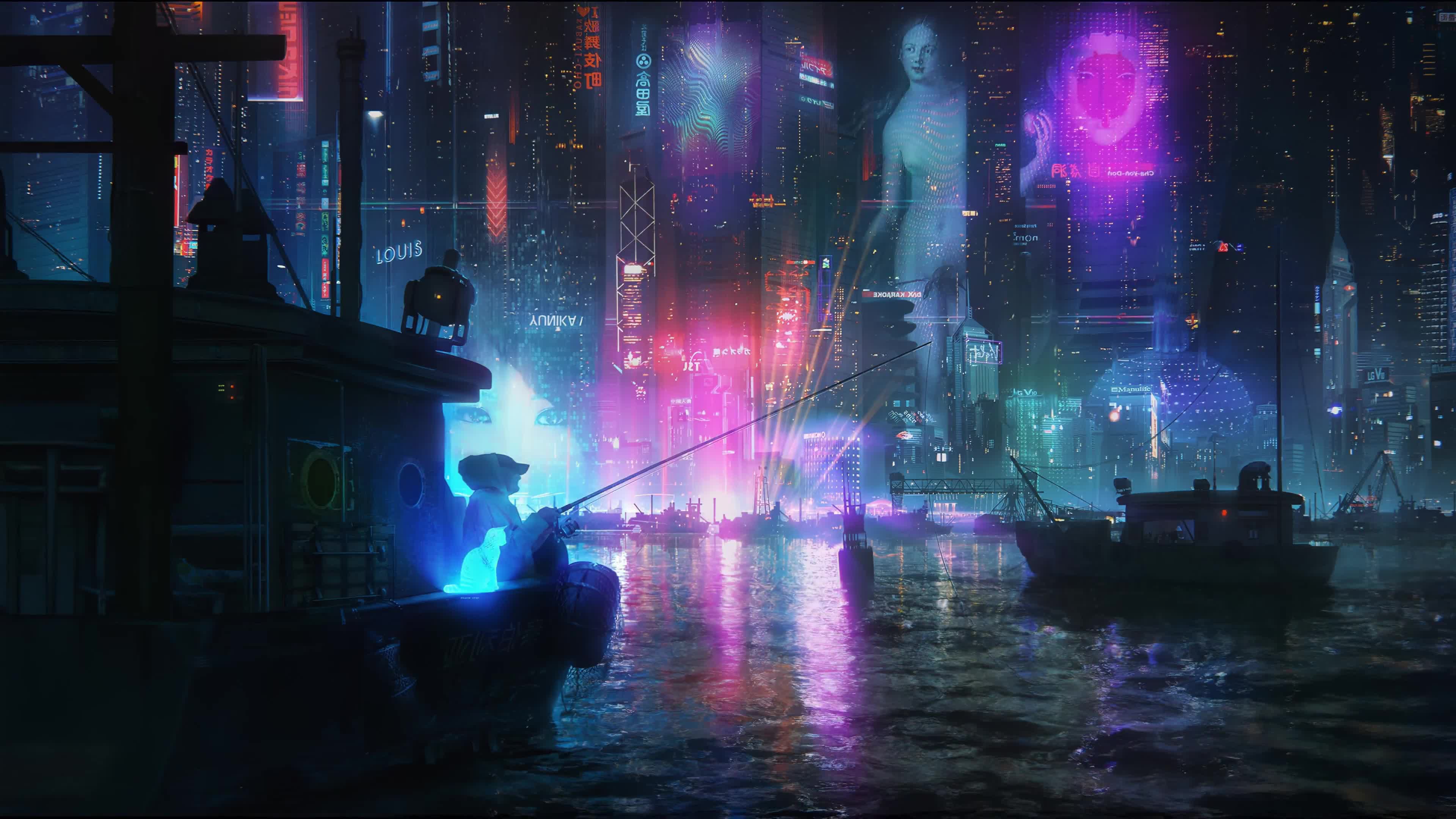 Fishing Boats, Cyberpunk Night City, Neon Lights 4K Live Wallpaper