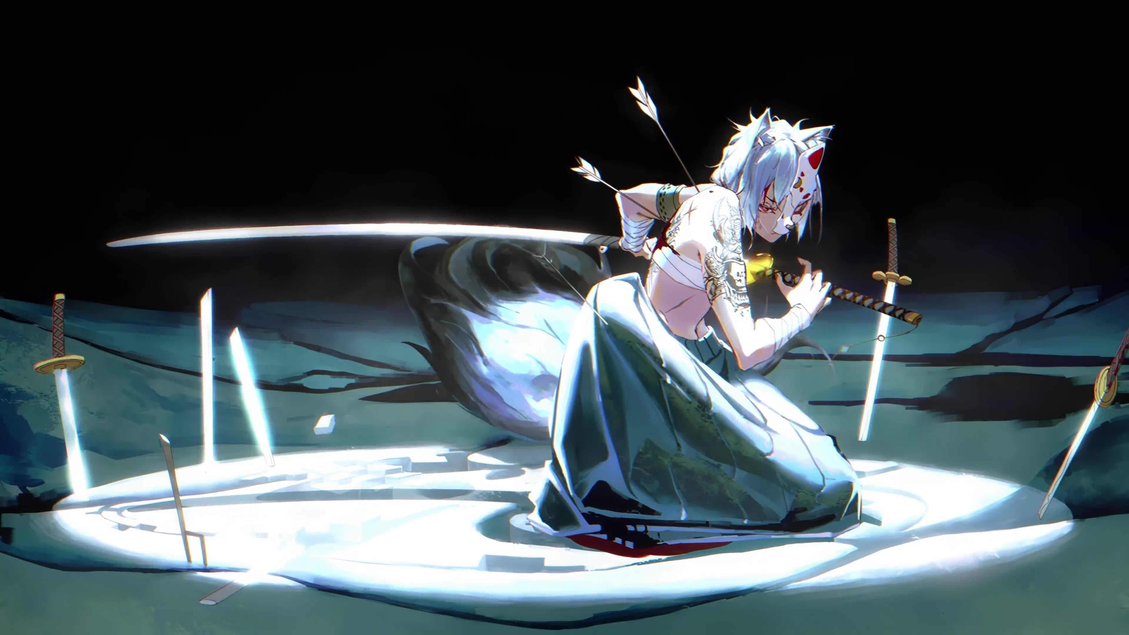 Kitsune Samurai Fox with Mask and Katana 4K Live Wallpaper