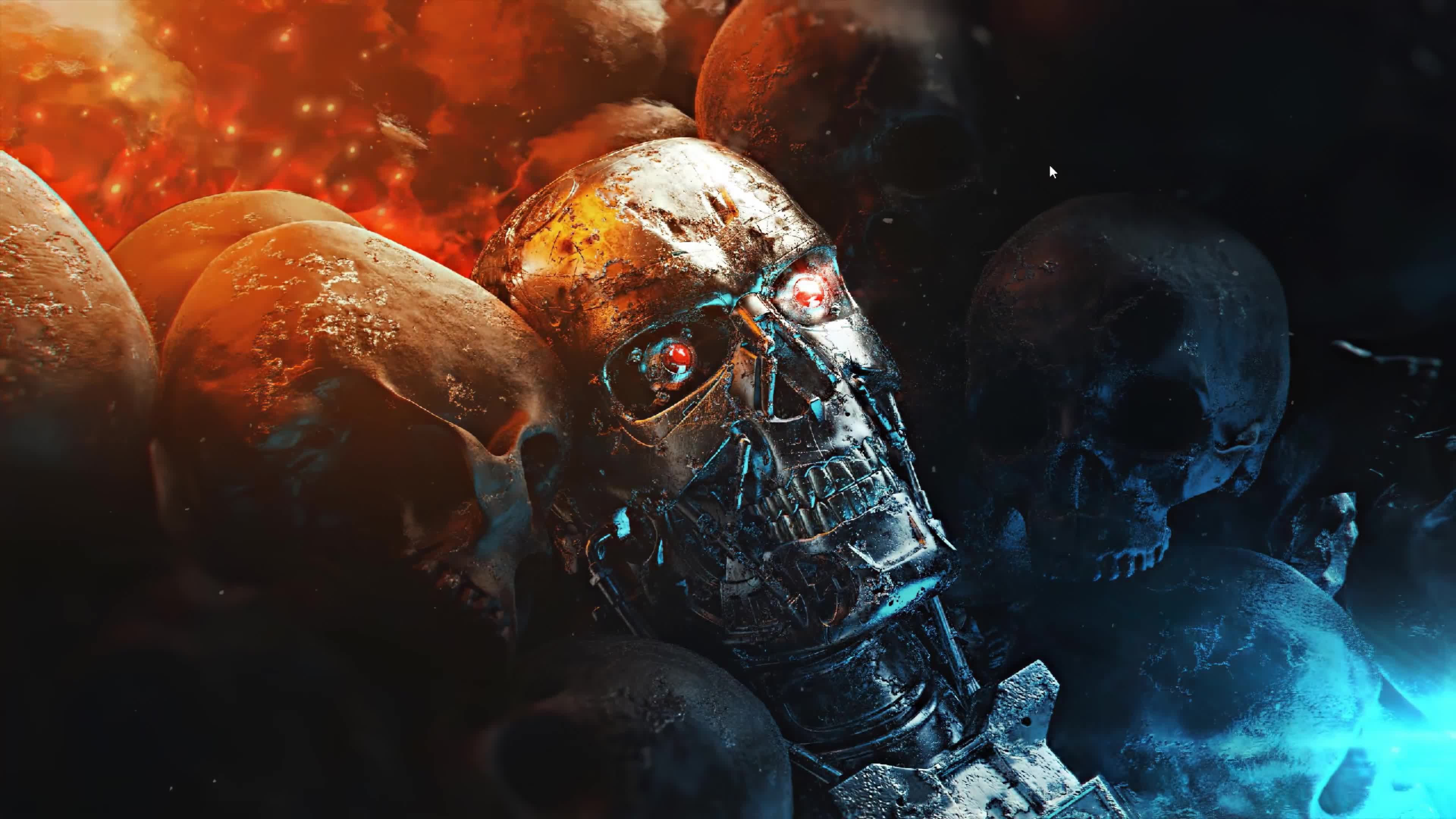 The Terminator Skull Robot with Red Eyes Flame 4K Live Wallpaper