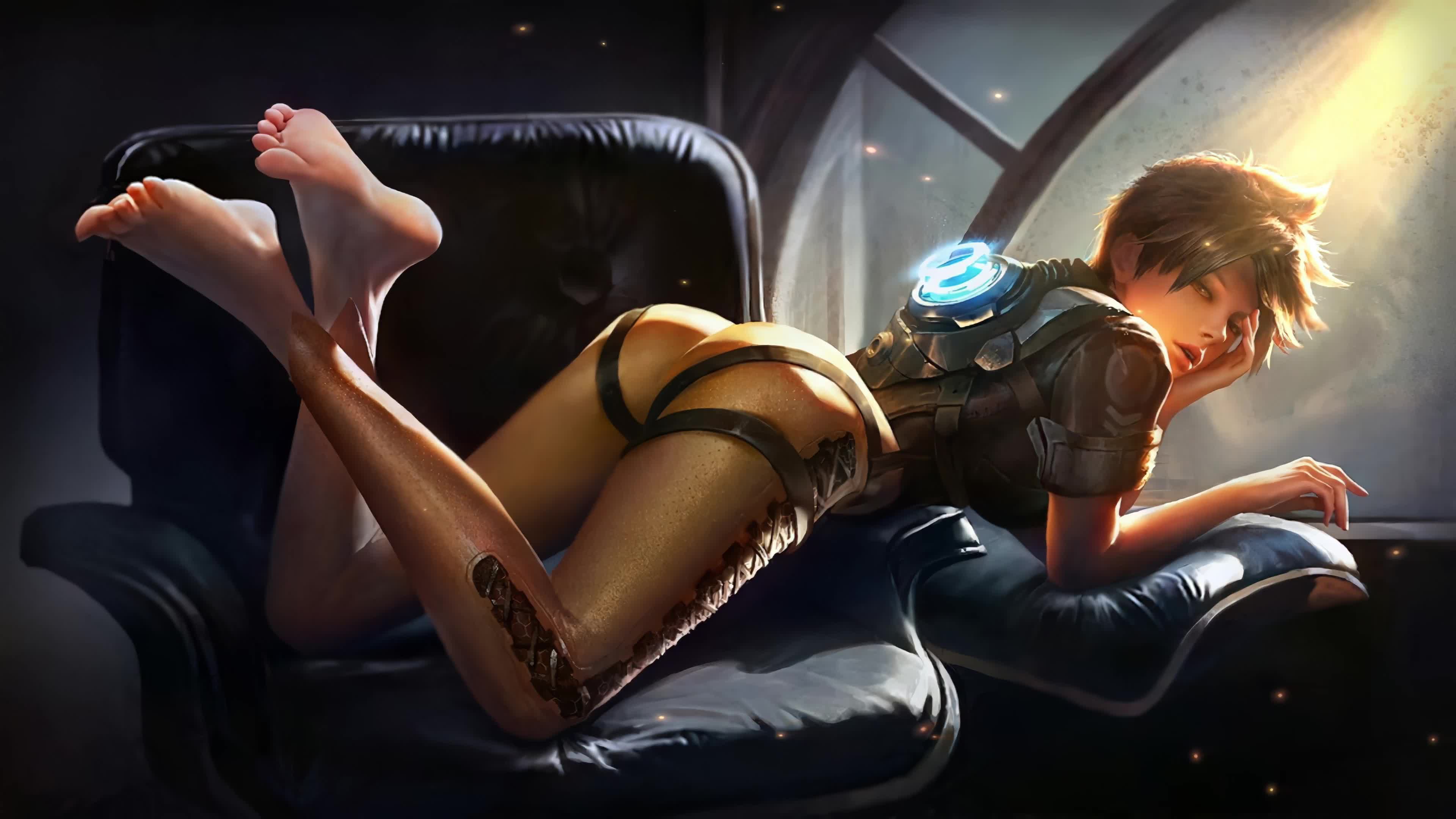 Tracer Lying On Sofa Overwatch Game 4K Live Wallpaper