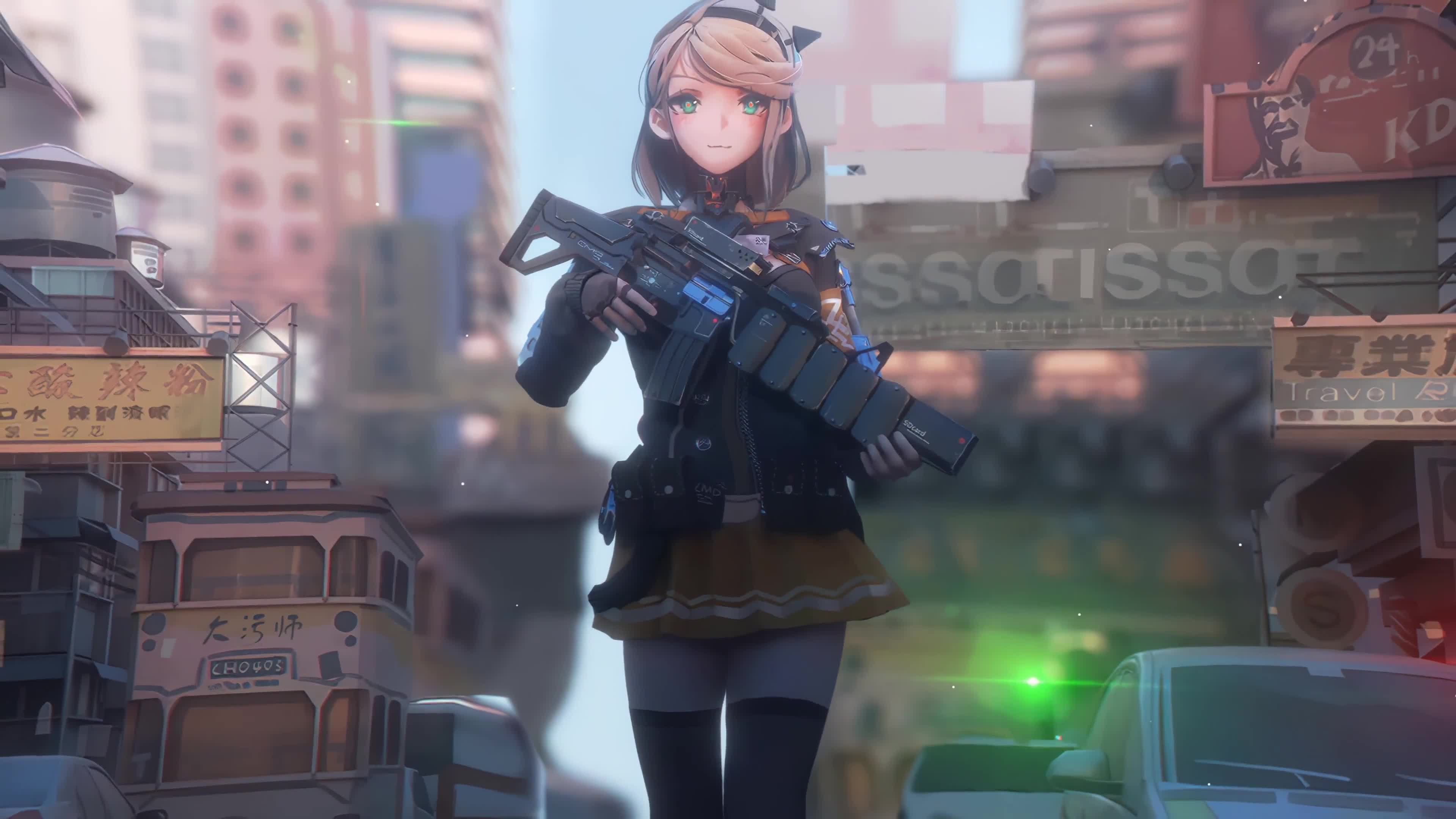Cute Anime Girl Walking On The Street With a Gun 4K Live Wallpaper