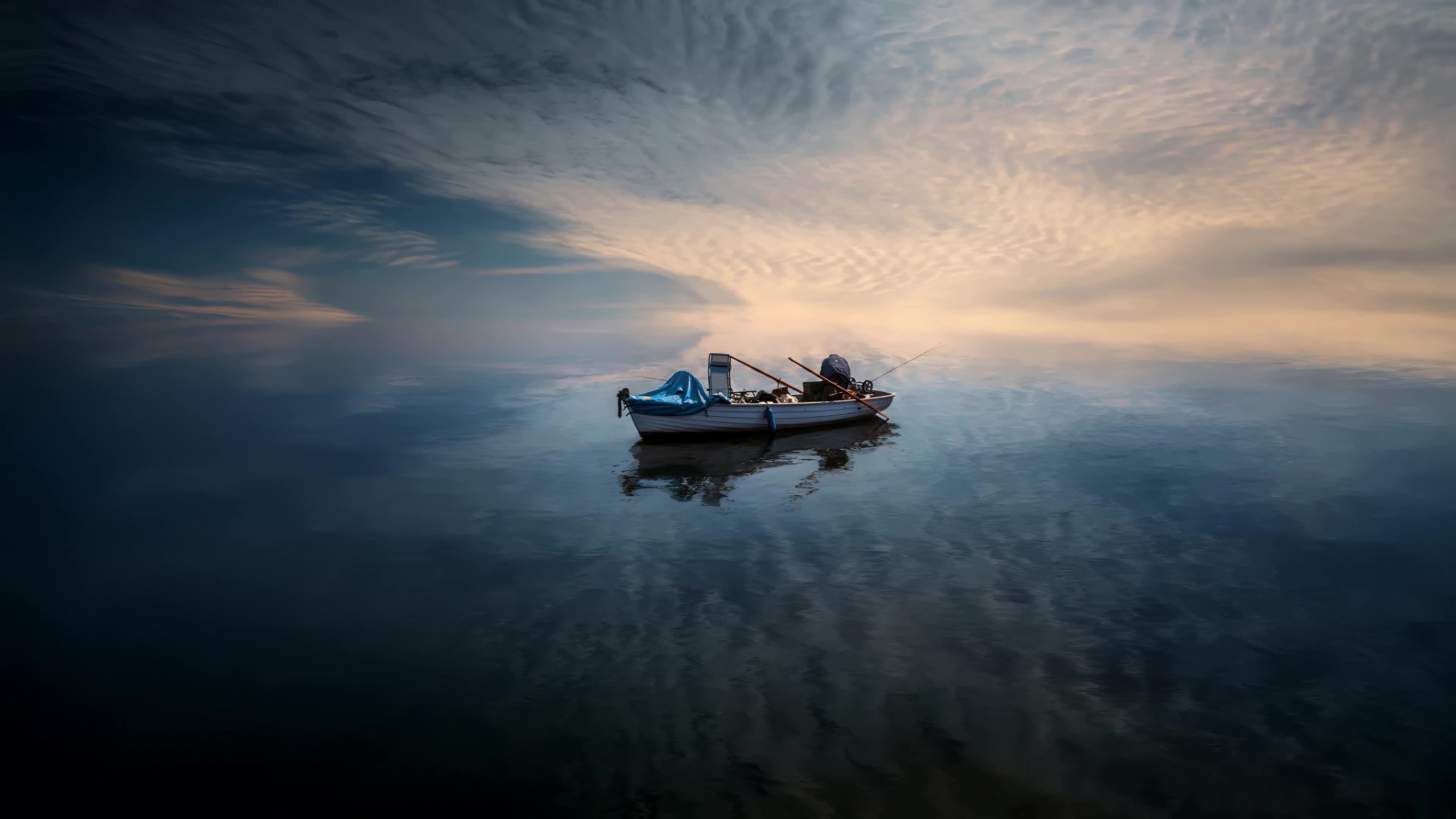 Calm Sea Water Ripples Fishing Boat 4K Live Wallpaper