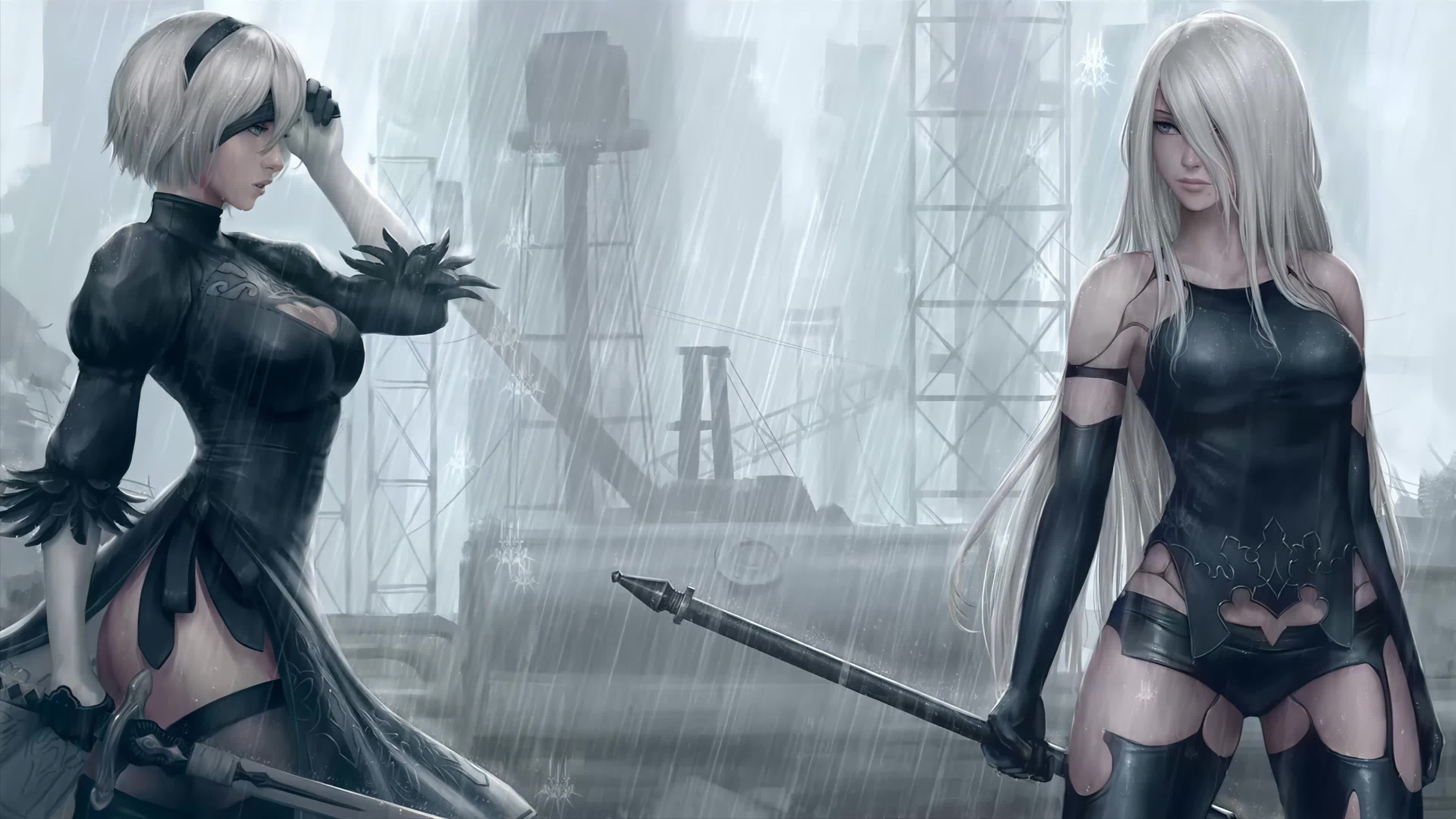 2B and A2 In The Rain NieR: Automata 4K Live Wallpaper