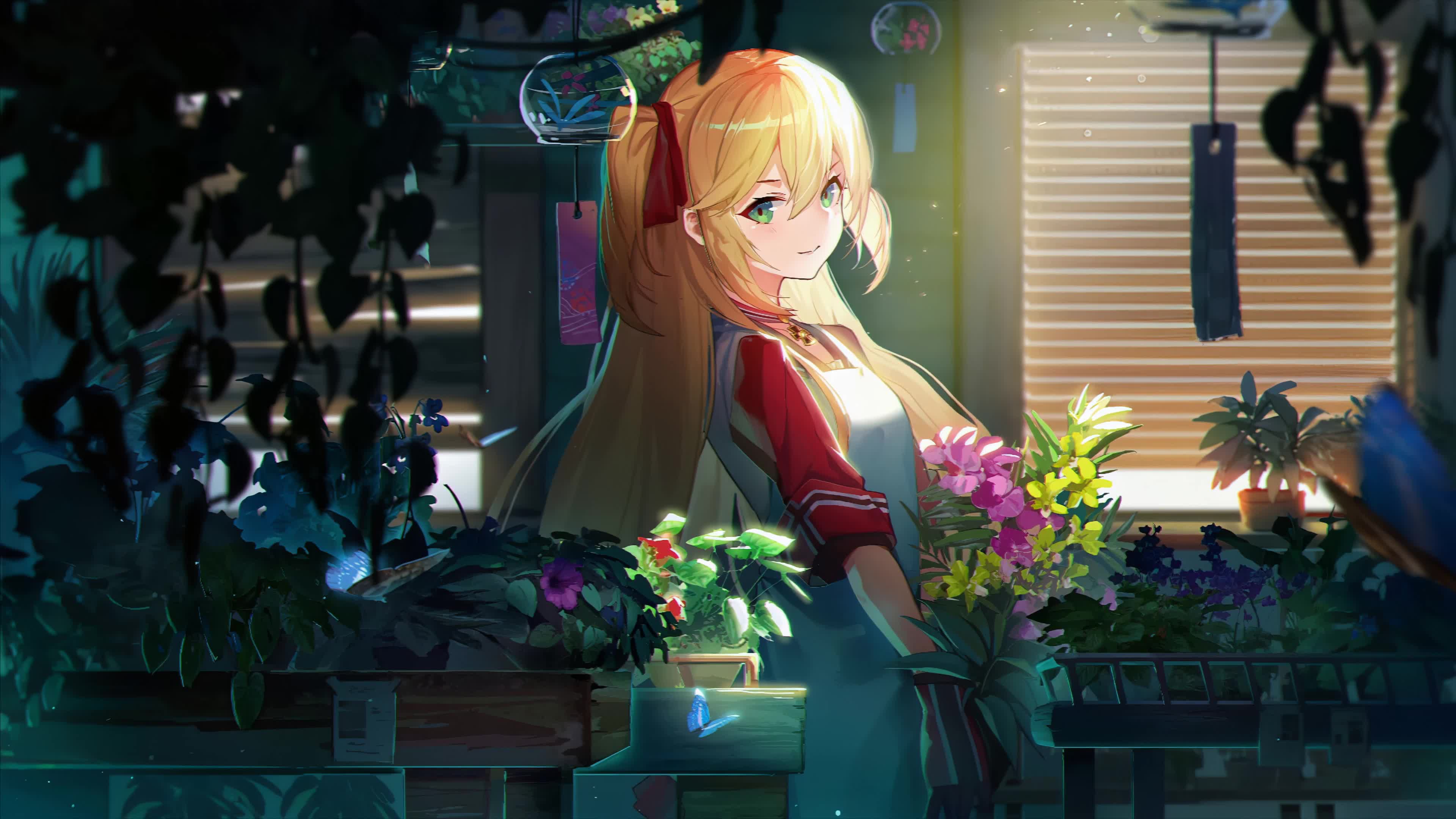Anime Girl with a Bouquet of Beautiful Flowers 4K Live Wallpaper