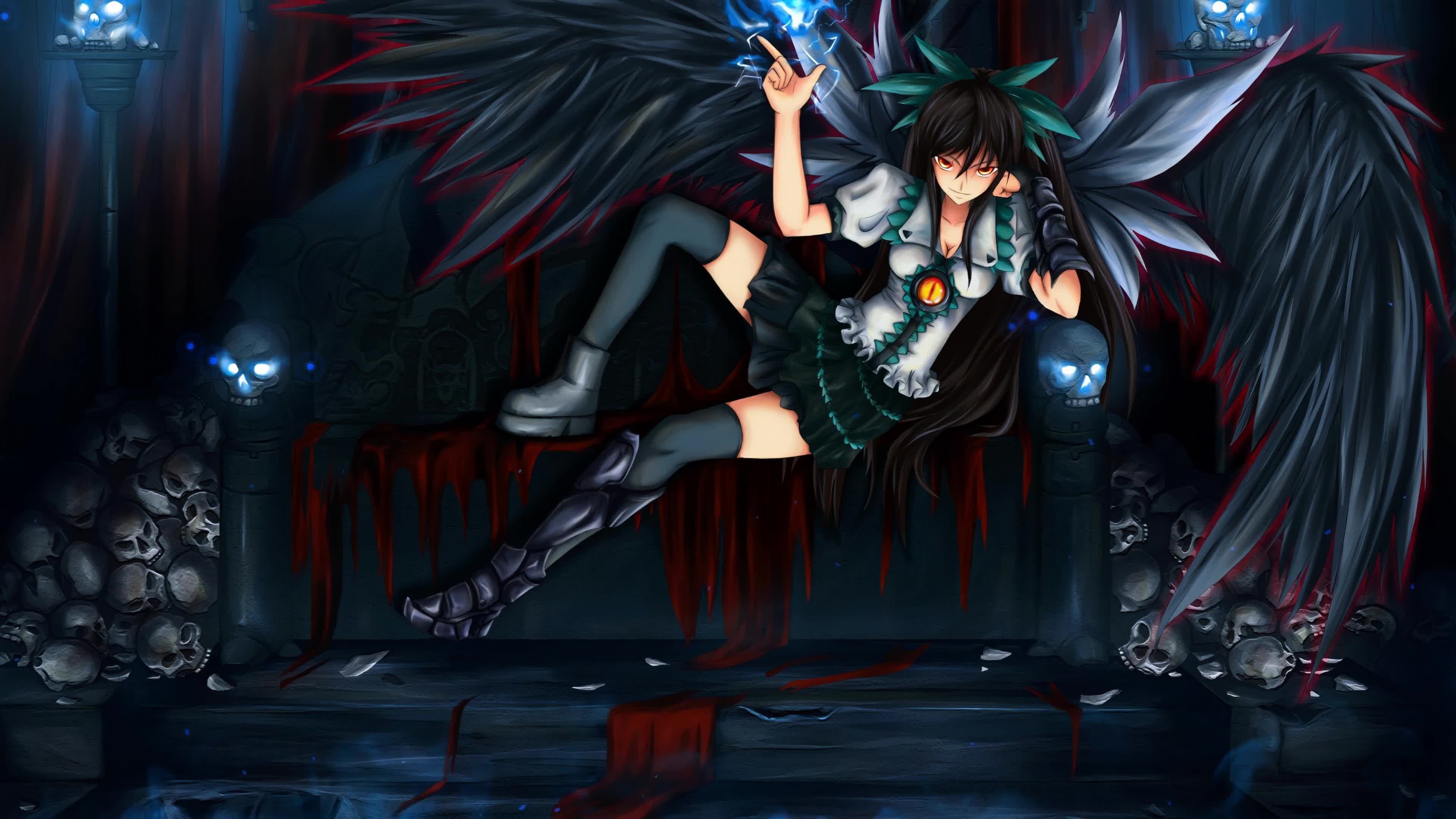 Reiuji Utsuho with Black Wings Sitting On The Throne Touhou Project 4K Live Wallpaper