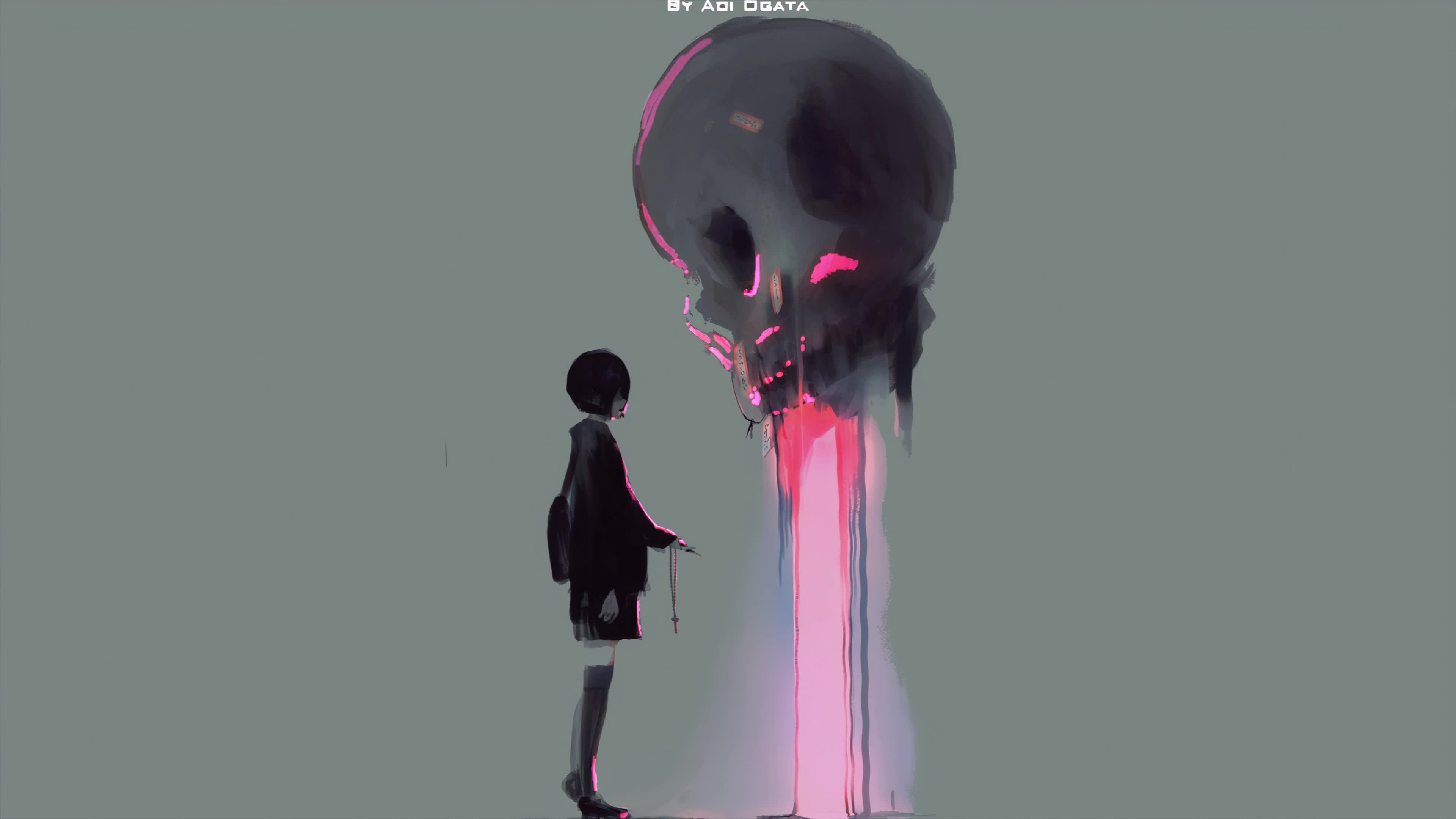 Anime Girl and Terrible Skull Fantasy 4K Live Wallpaper