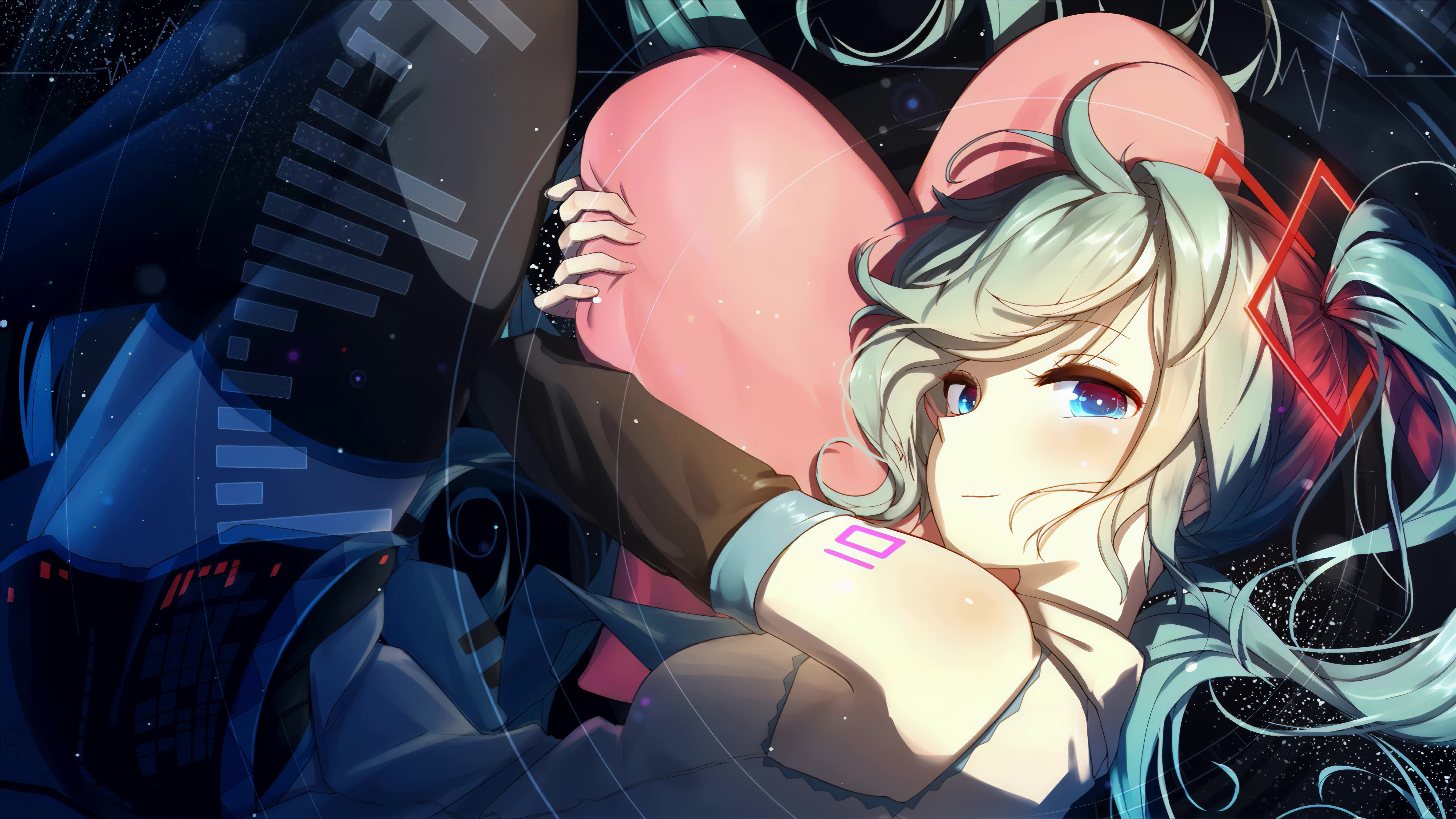 Hatsune Miku Vocaloid with Blue Eyes Hugging a Heart Stuffed 8K Live Wallpaper
