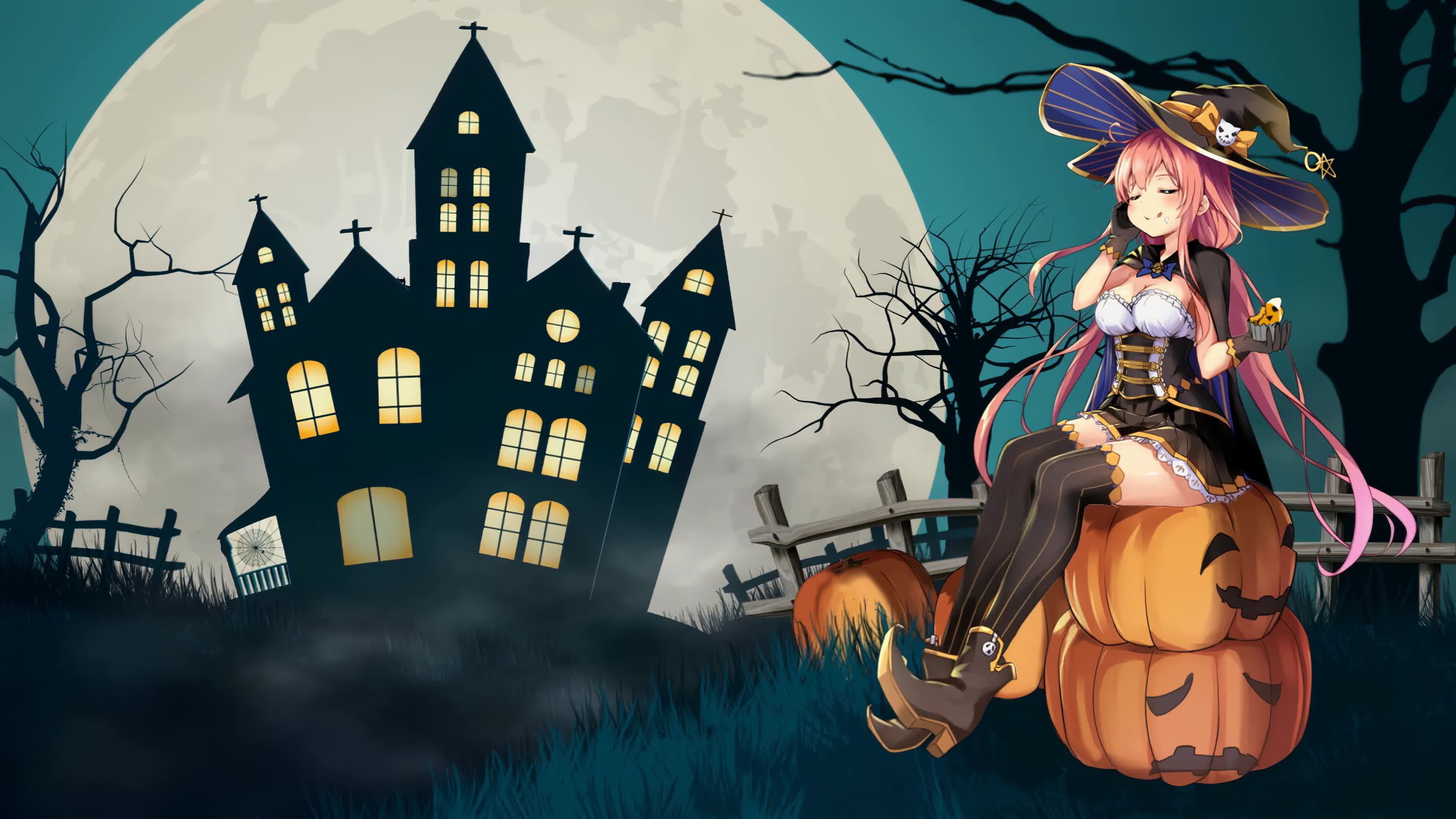Anime Girl Sitting On Halloween Pumpkin near Dark Castle 4K Live Wallpaper