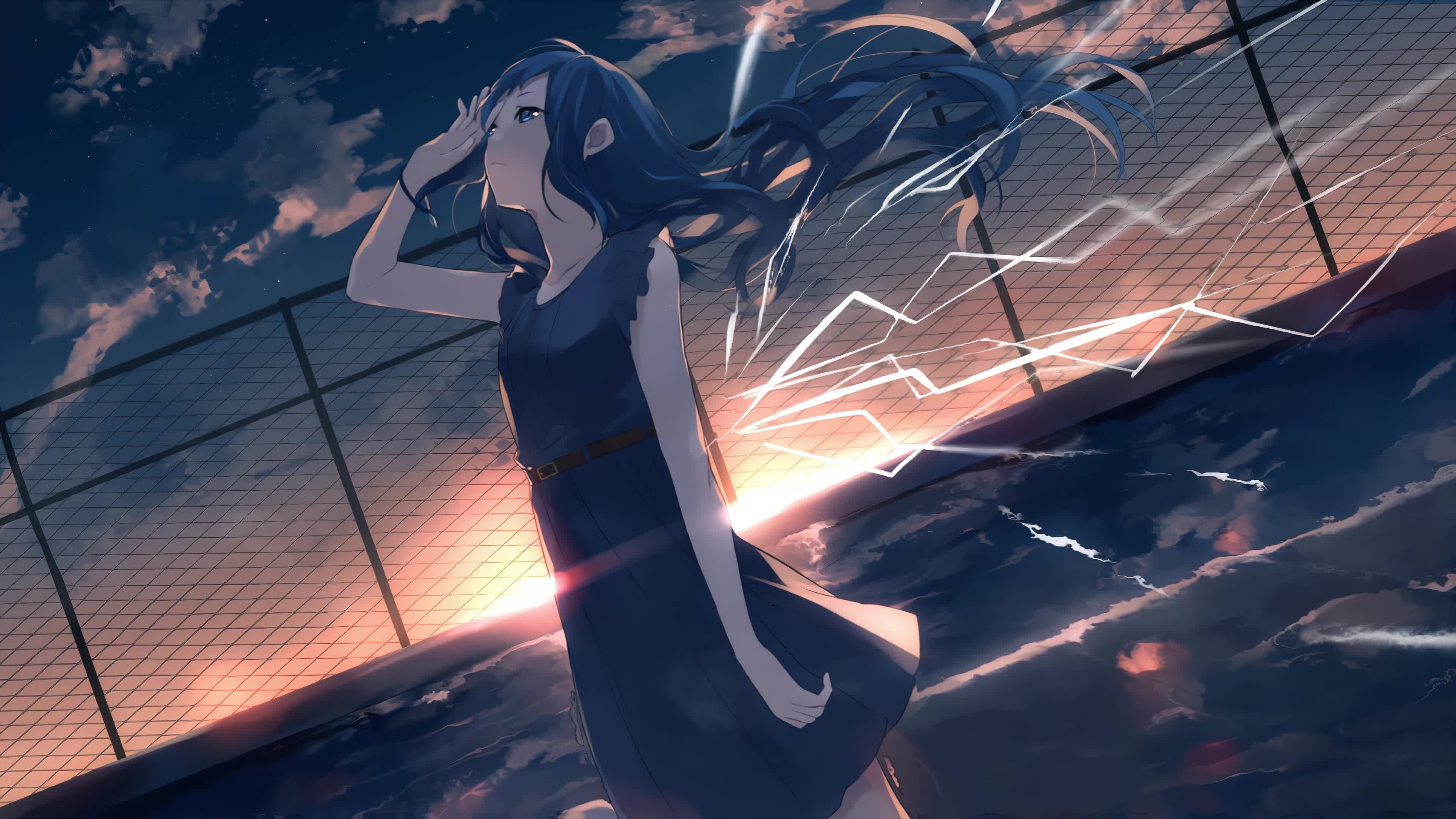 Anime Girl On The Rooftop, Water, Lighting 4K Live Wallpaper