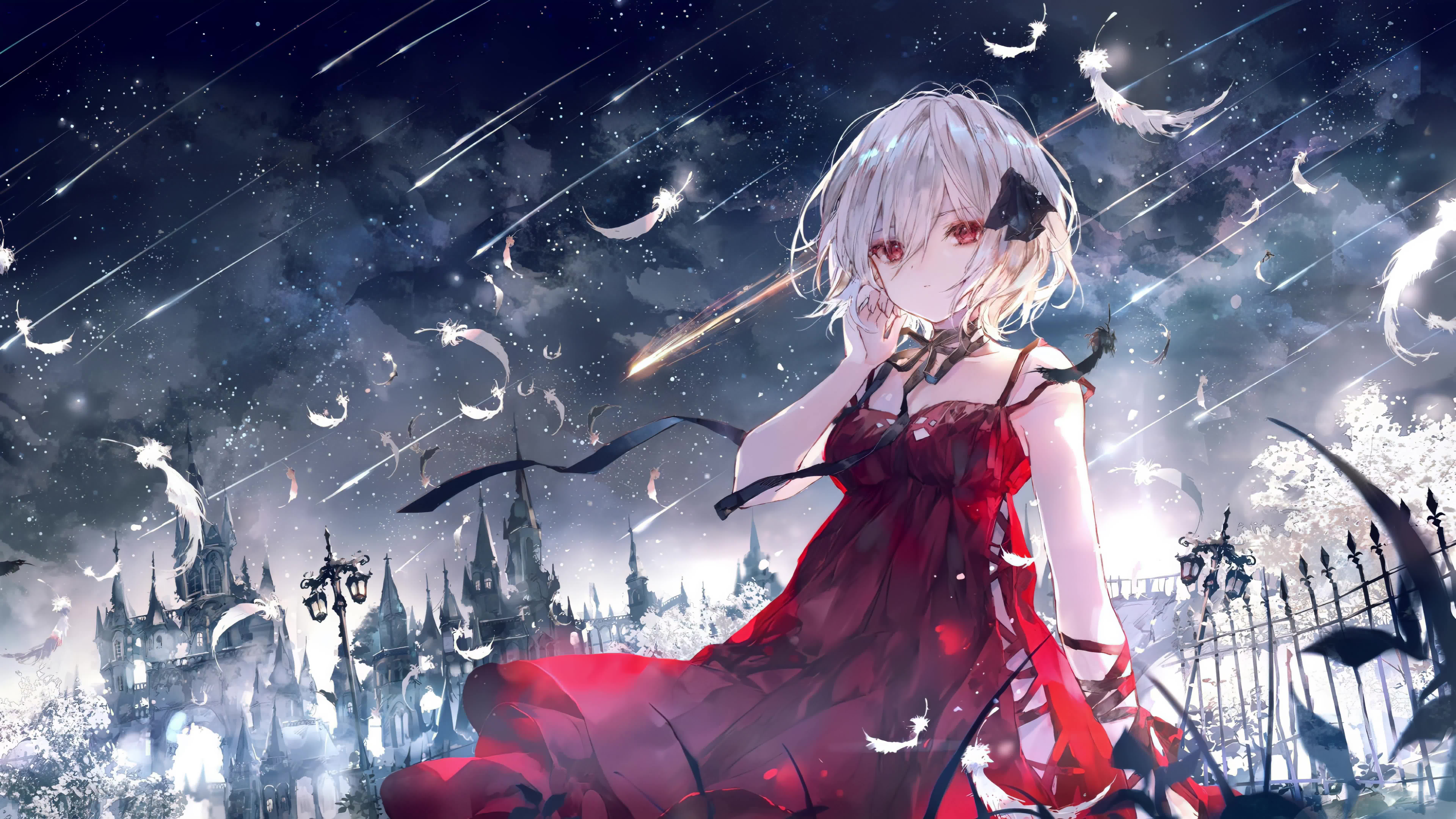 Anime Girl with Red Dress In Meteor Shower 8K Live Wallpaper