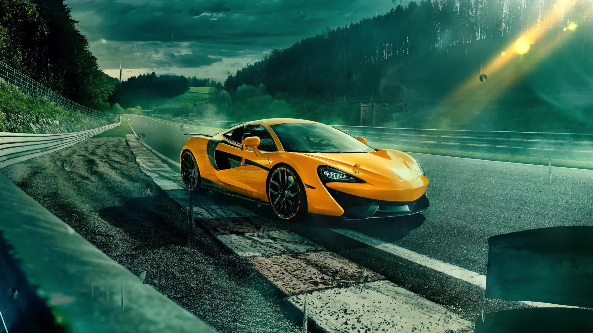 Supercar Mclaren 570S, Rain Drops, Sun Rays Live Wallpaper