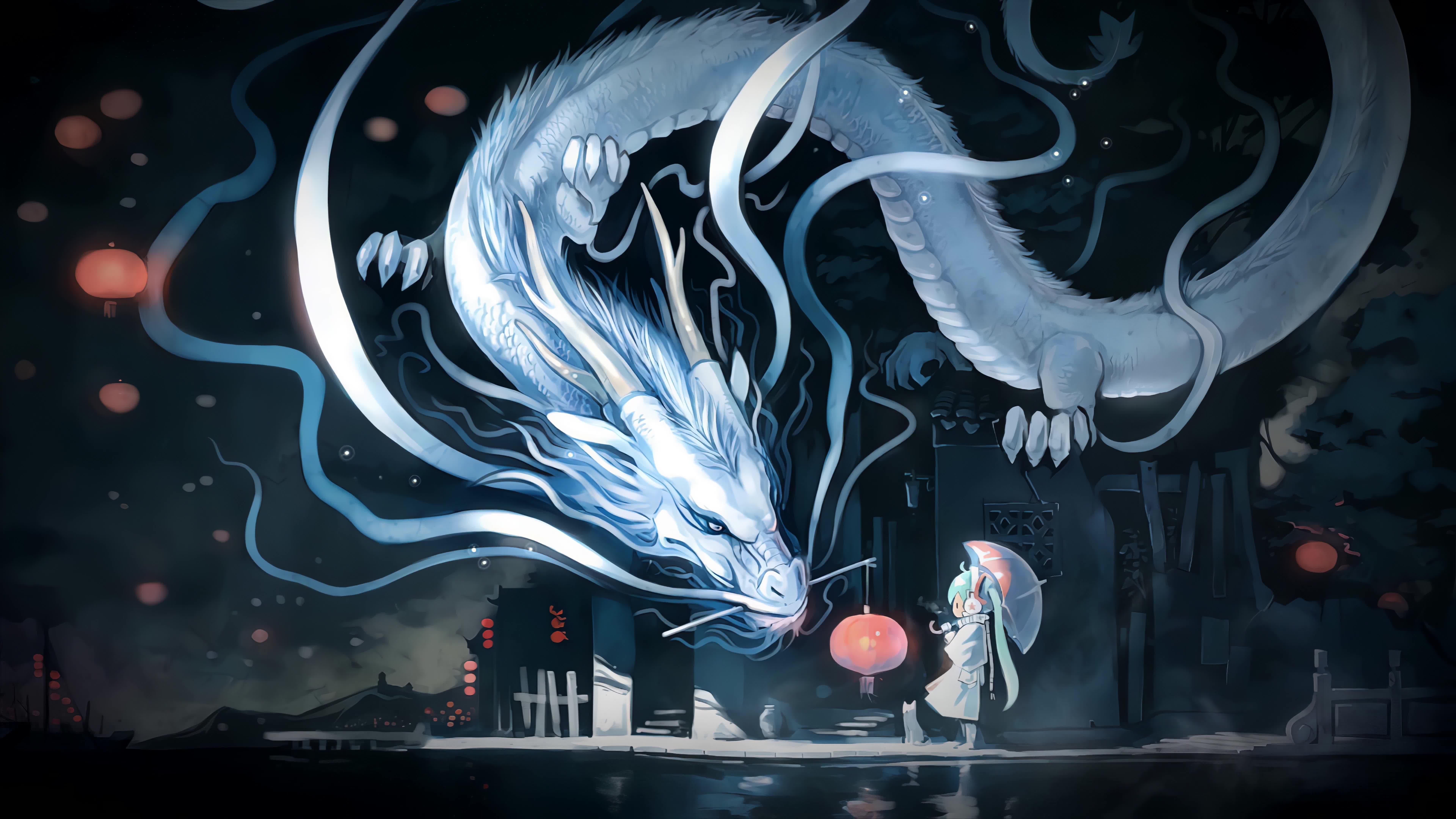 Hatsune Miku Vocaloid and White Dragon 8K Live Wallpaper
