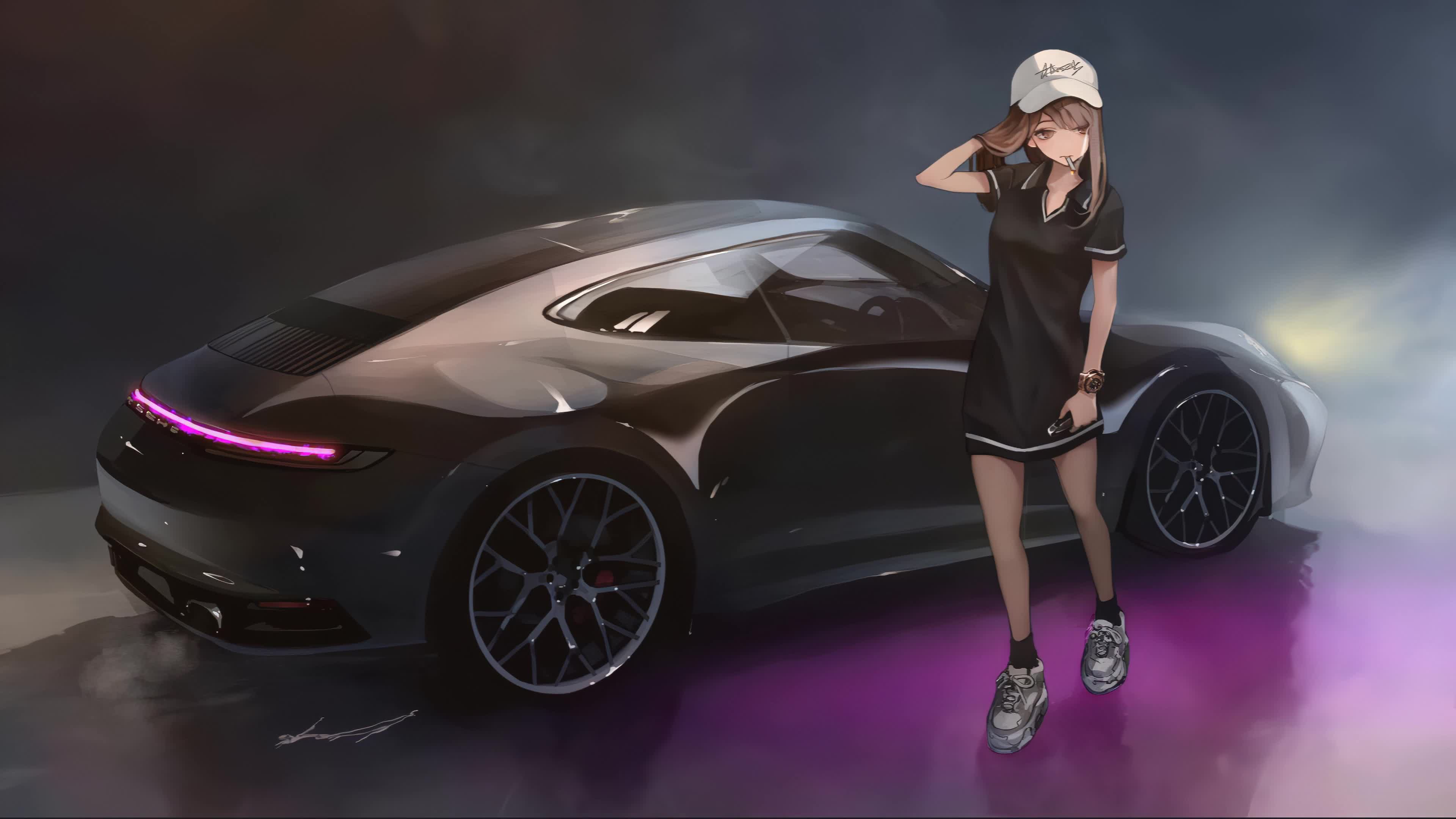 Fantasy Smoking Girl near Car 4K Live Wallpaper