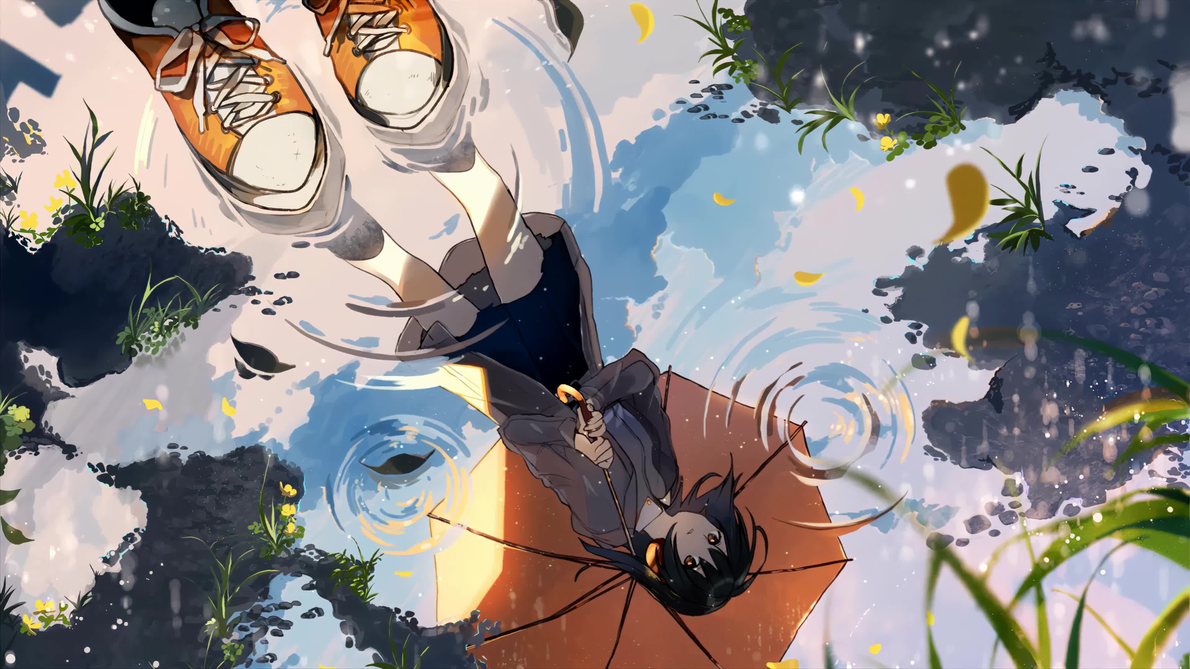 Rain Umbrella Anime Girl Water Reflection 4K Live Wallpaper