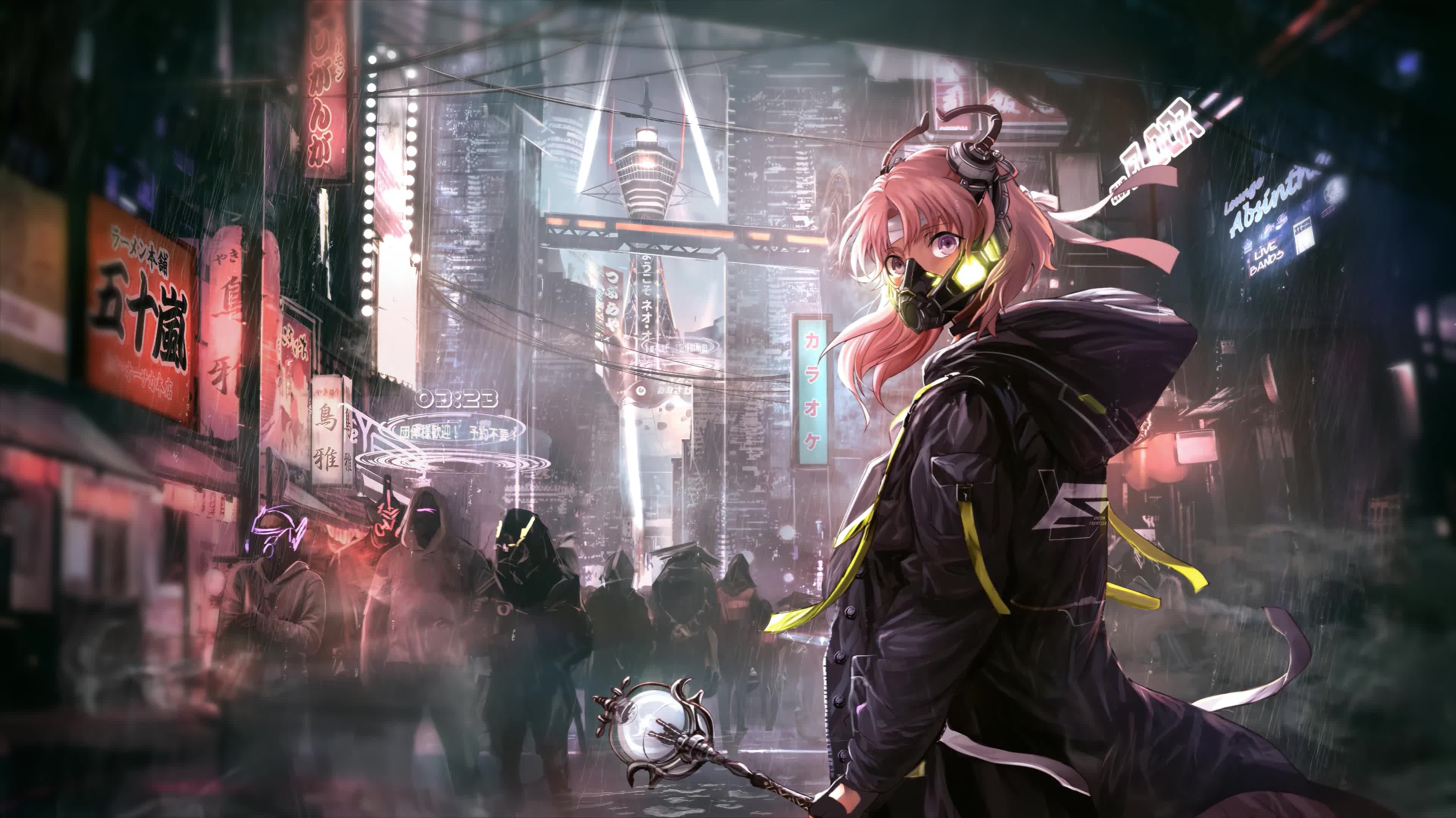 Girl with Mask and Magic Wand In Cyberpunk City 4K Live Wallpaper