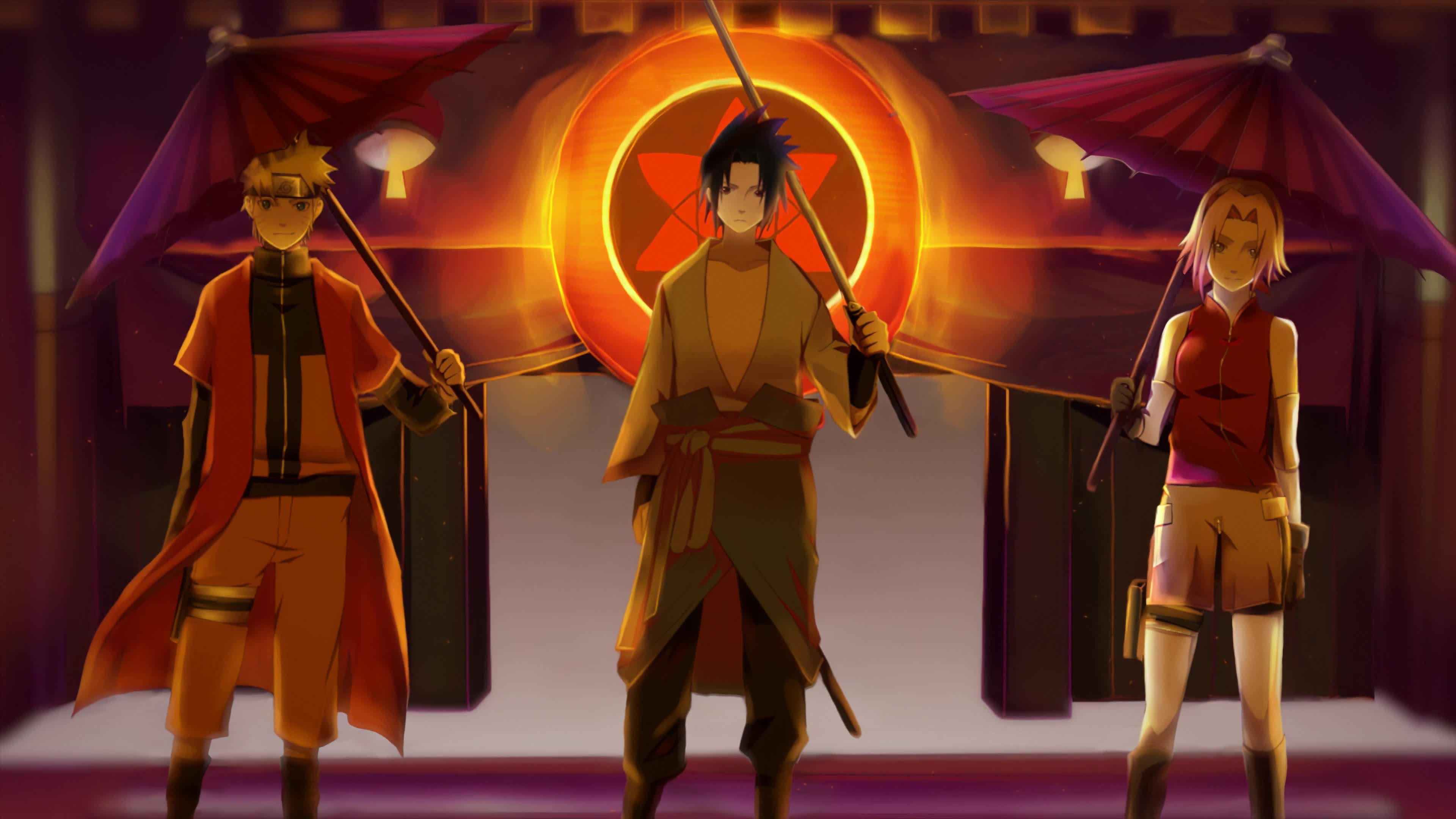 Naruto with Sasuke and Sakura with Umbrella 4K Live Wallpaper