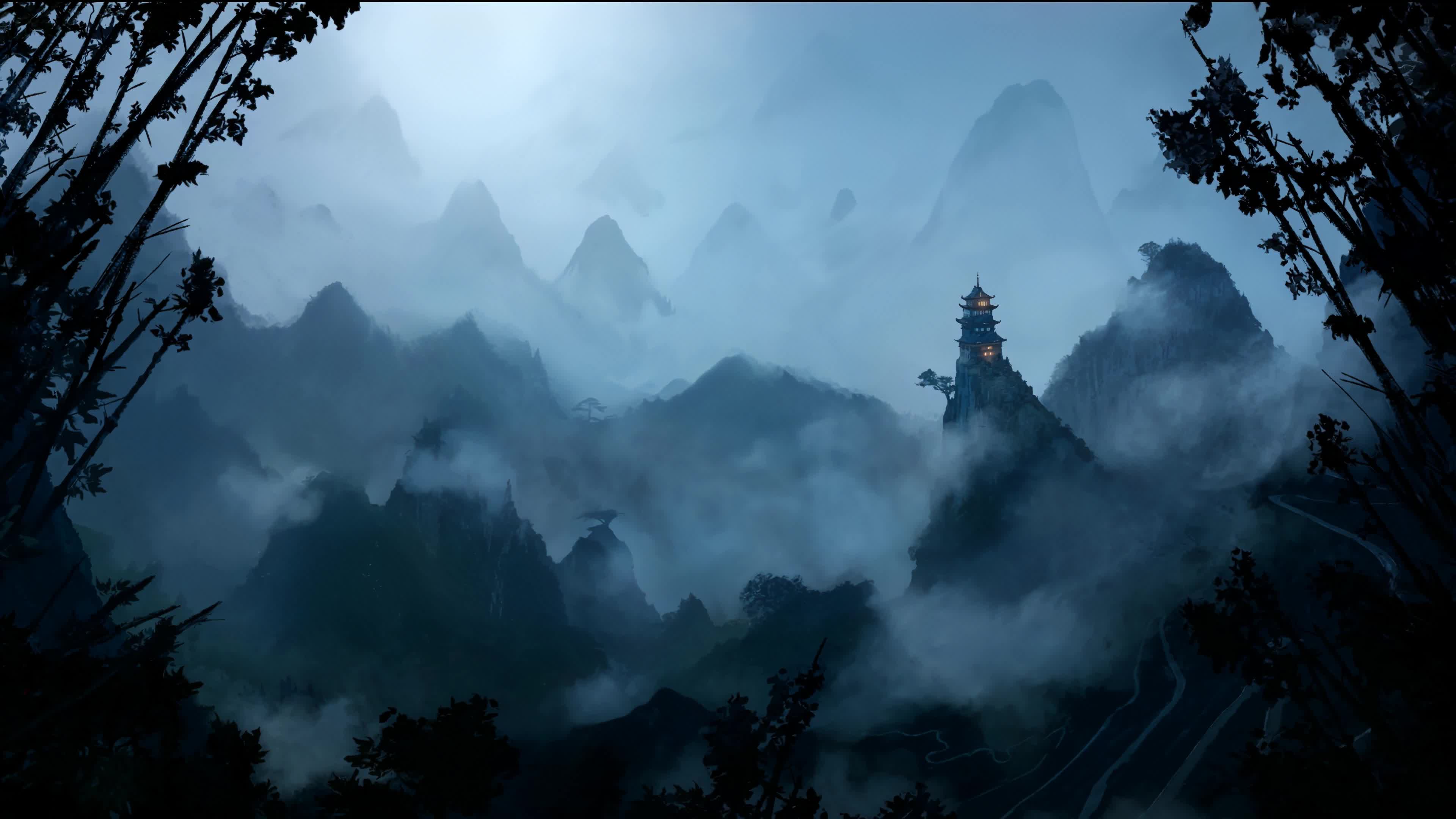 Mountain Top Temple, Clouds, Fog 4K Live Wallpaper