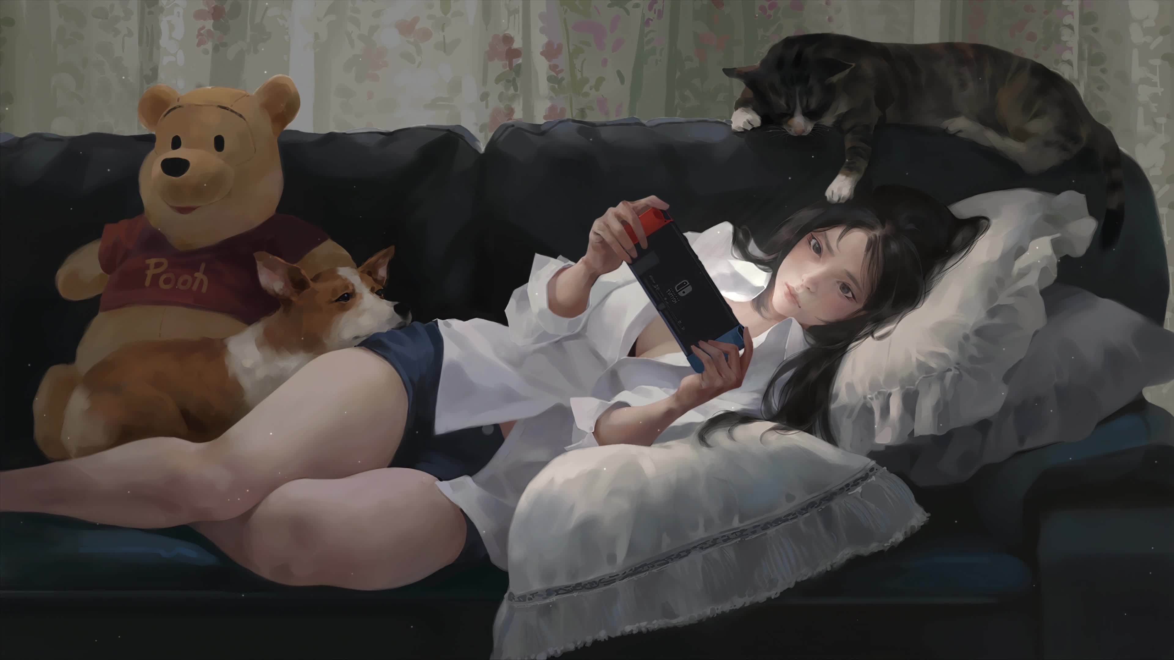 Cute Gamer Girl, Nintendo Switch, Cat and Dog Live Wallpaper