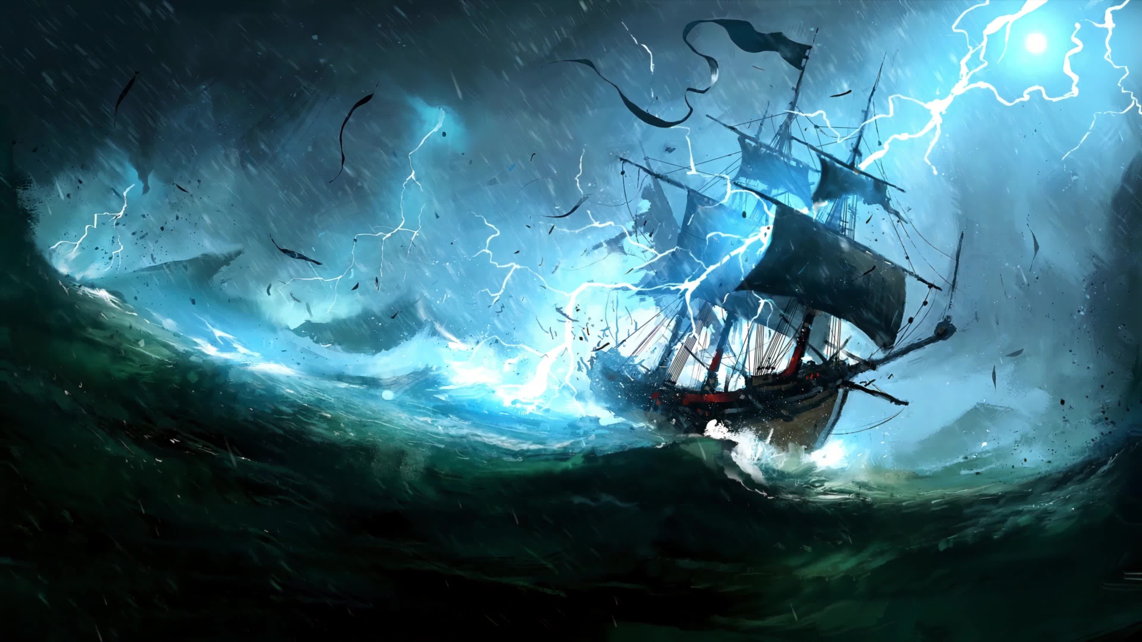 Pirate Ship, Storm, Thunder 4K Quality Live Wallpaper