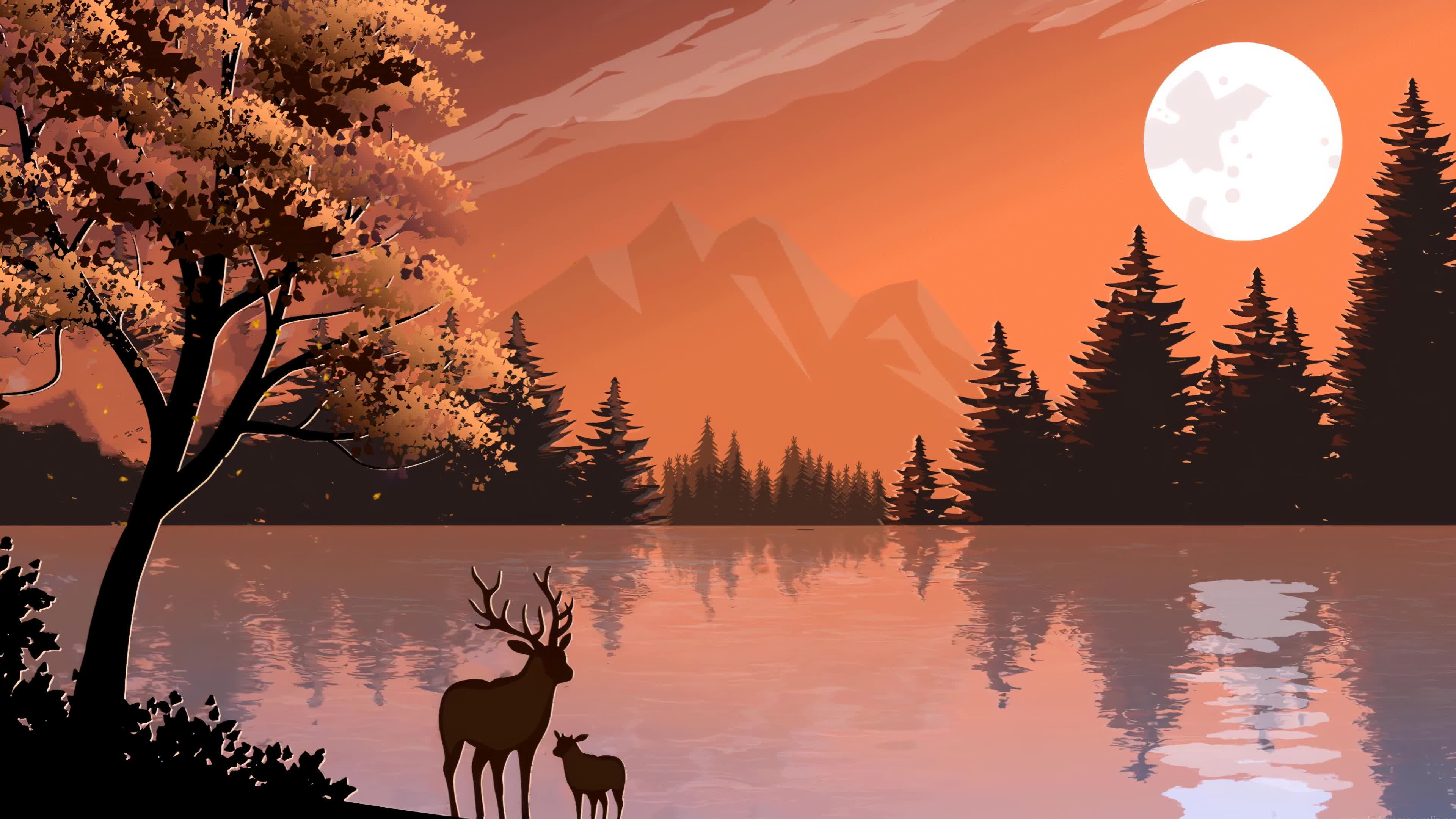 Reindeer Mother and Child Lake Forest 4K Live Wallpaper