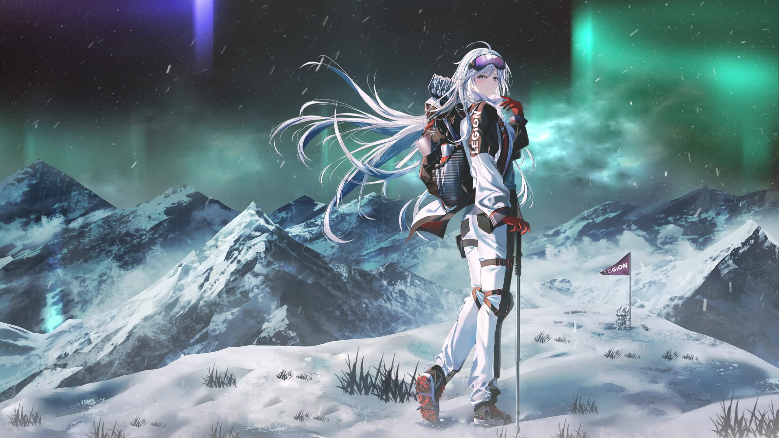 Girl in the mountains with the northern lights Live Wallpaper