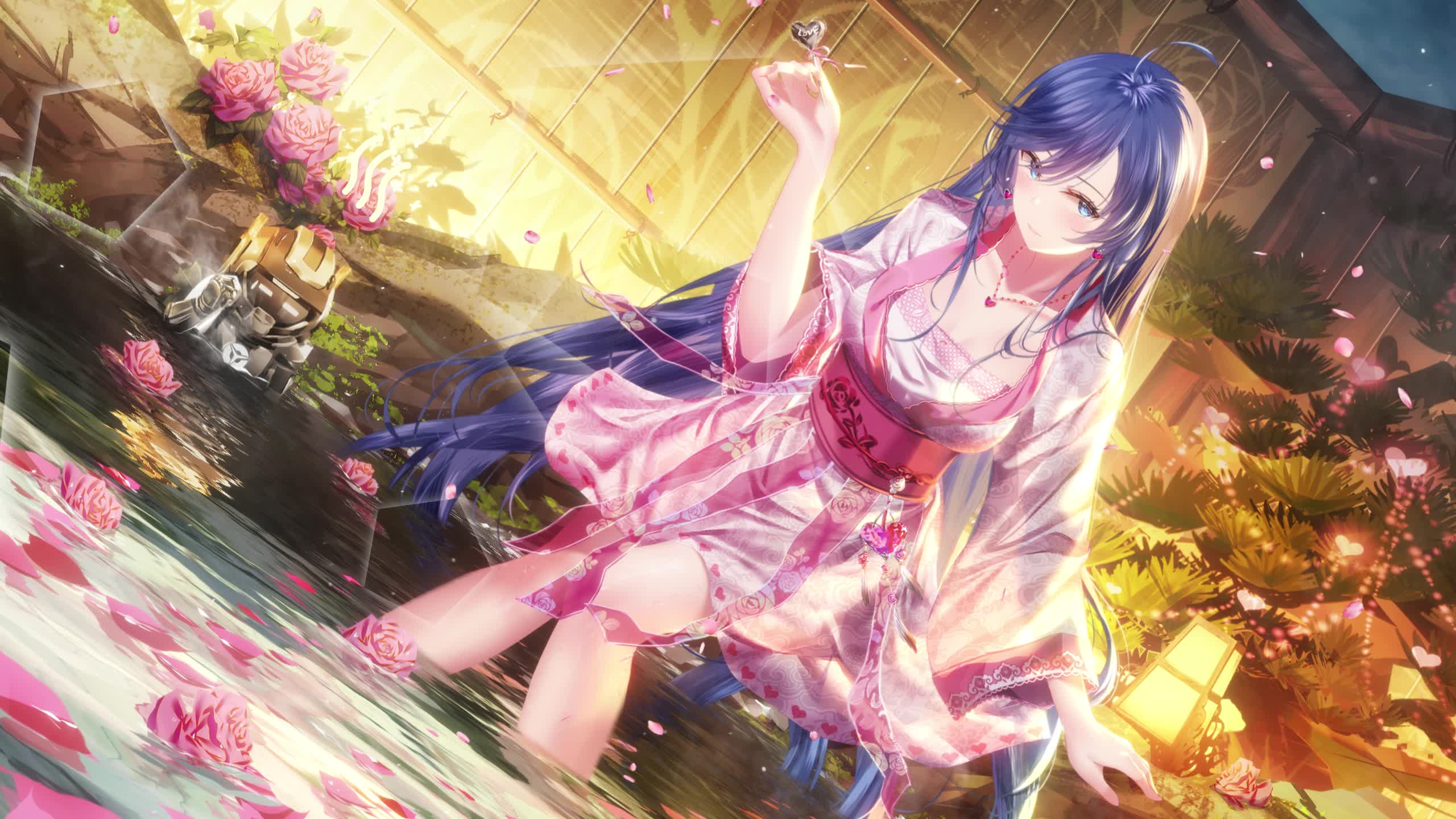 A beautiful girl holds a heart on a stick in her hand Live Wallpaper