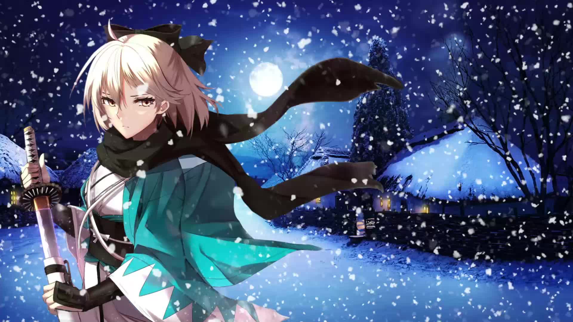 Soji Okita with a katana on a winter evening Live Wallpaper