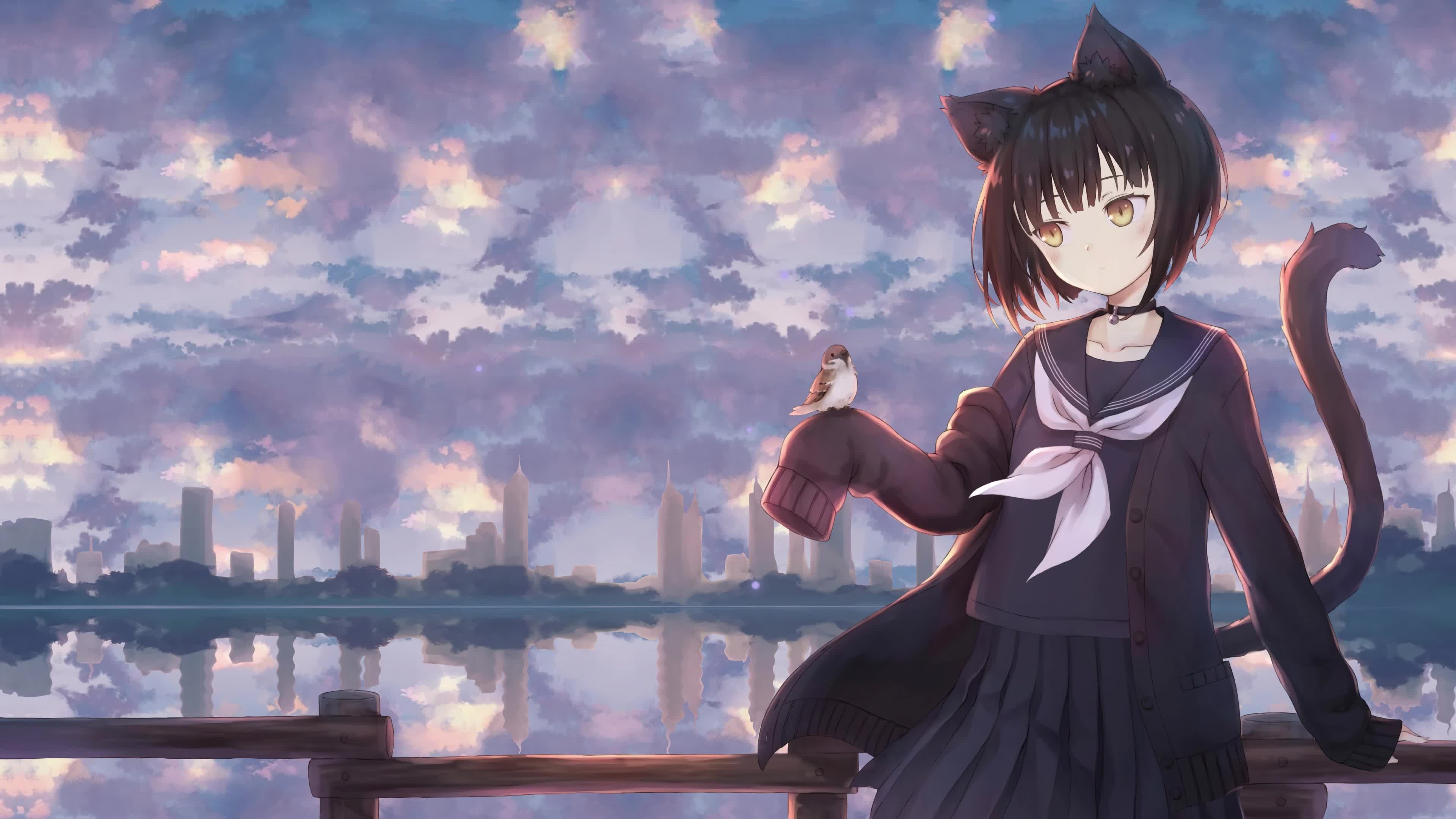 Beautiful neko girl with a sparrow on her hand Live Wallpaper