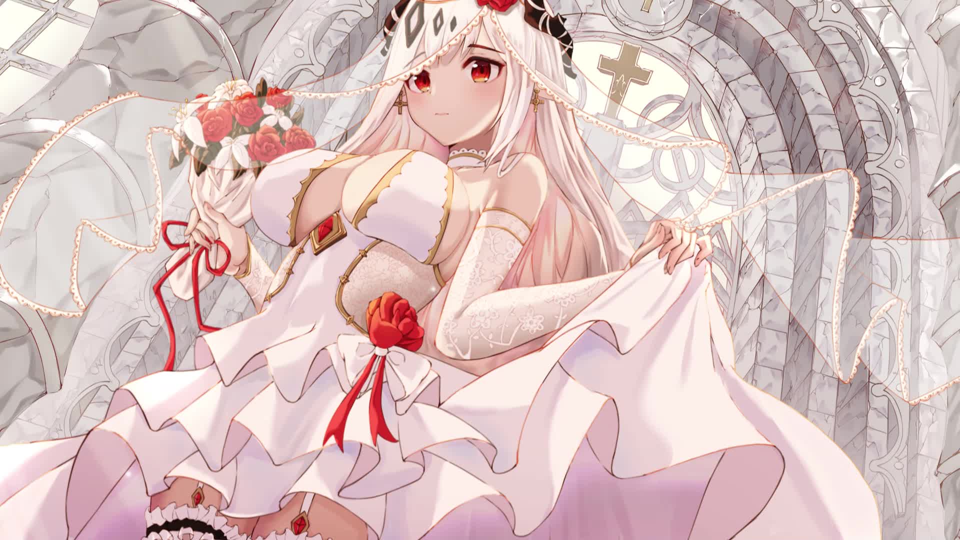 Mudstone in a white dress with a bouquet of roses Live Wallpaper