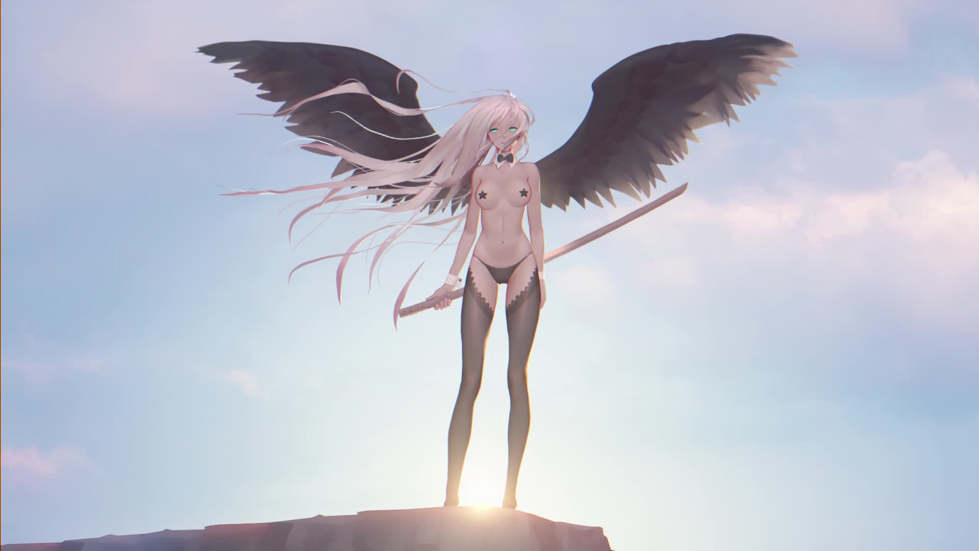 An angel girl stands on a mountain with a sword in her hand Live Wallpaper
