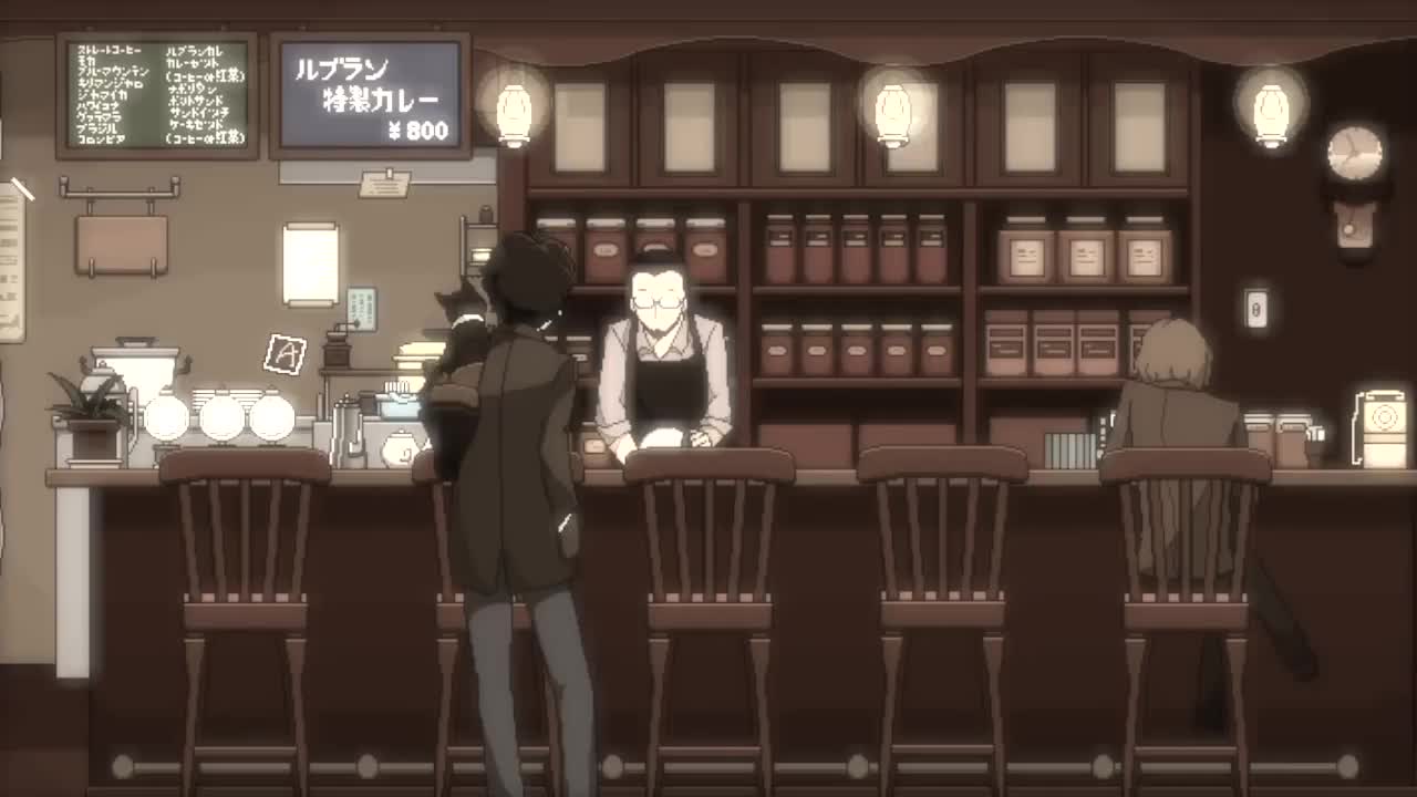 A man with a cat on his shoulder in a bar-Persona 5 Live Wallpaper