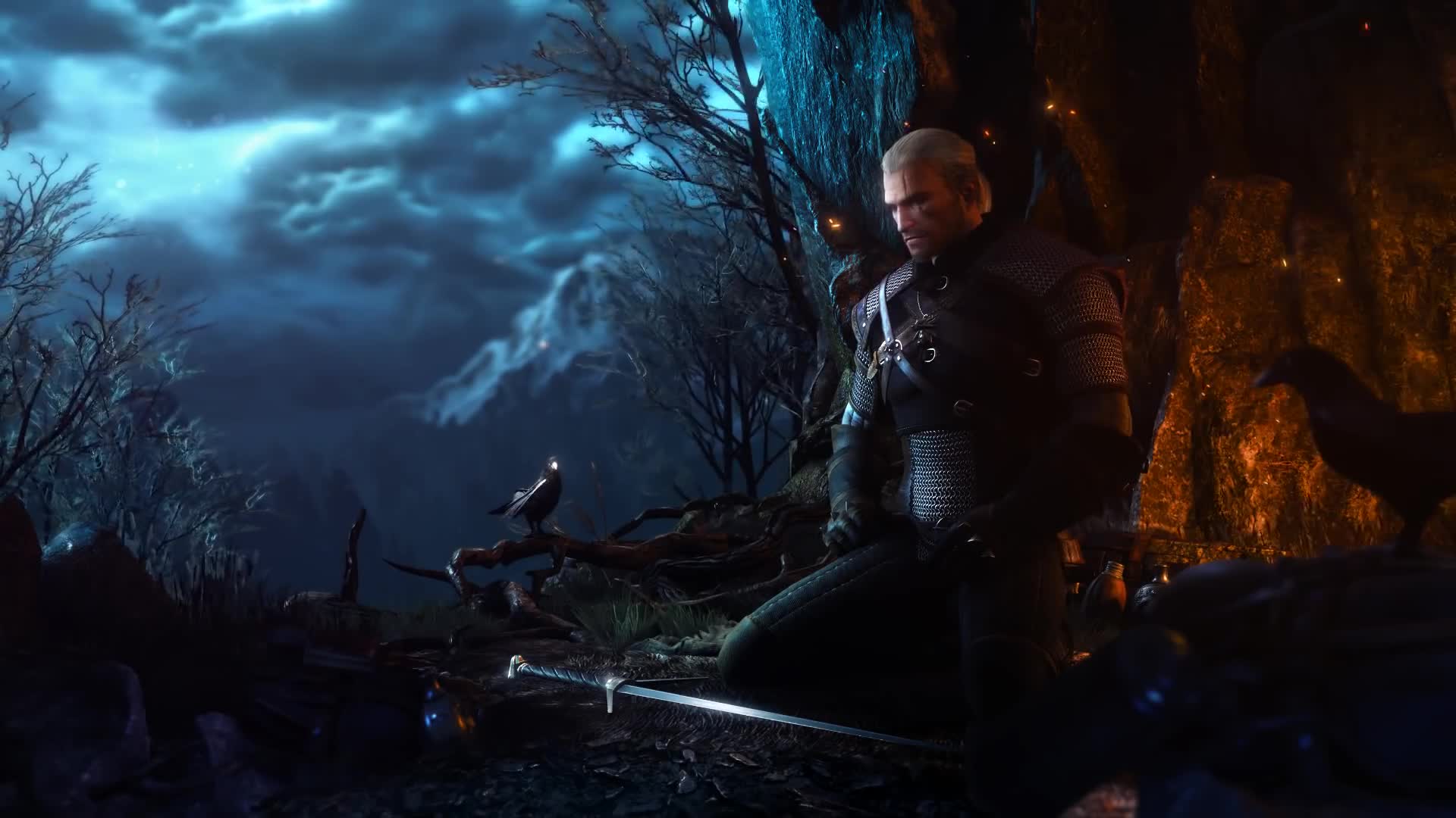 Geralt at the cave at night - The Witcher 3 Live Wallpaper