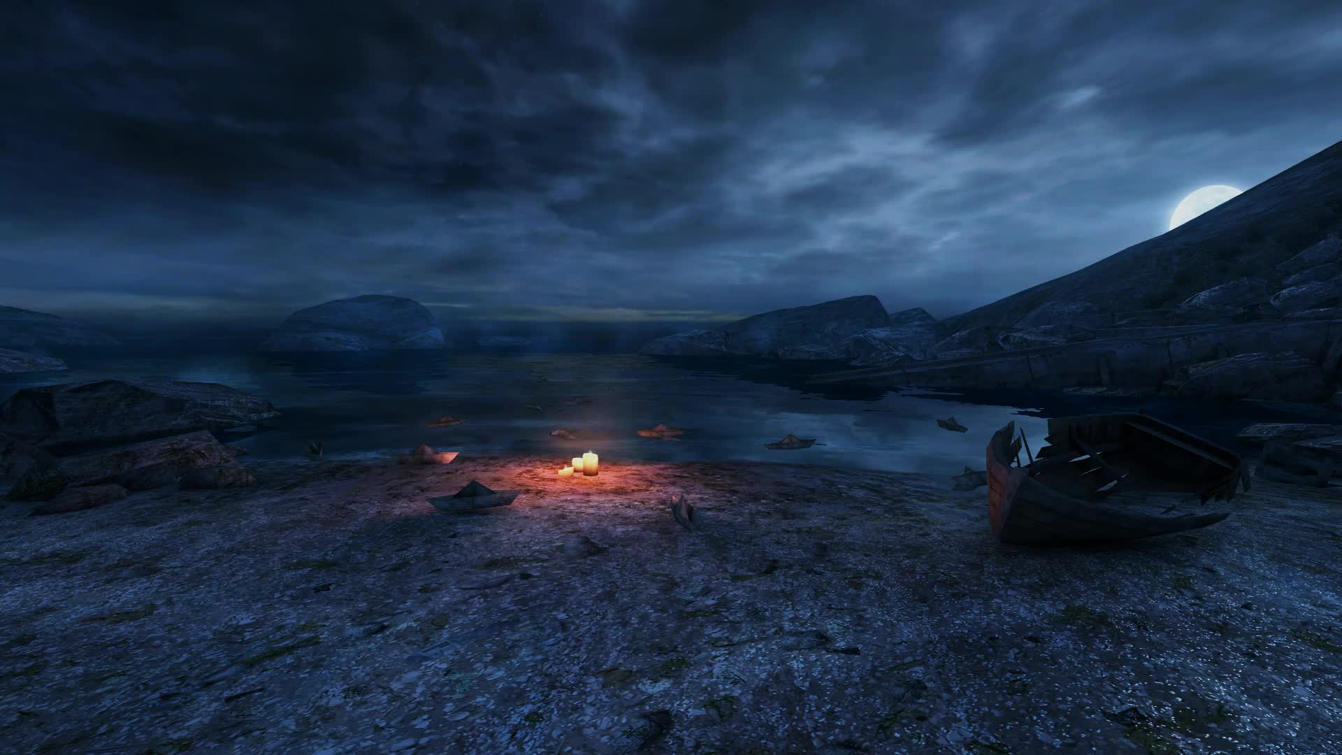 Candles on the shore of a deserted Bay-Dear Esther Live Wallpaper