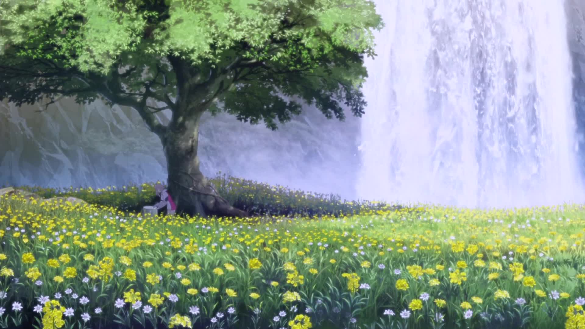 Flower field in the background of a waterfall Live Wallpaper